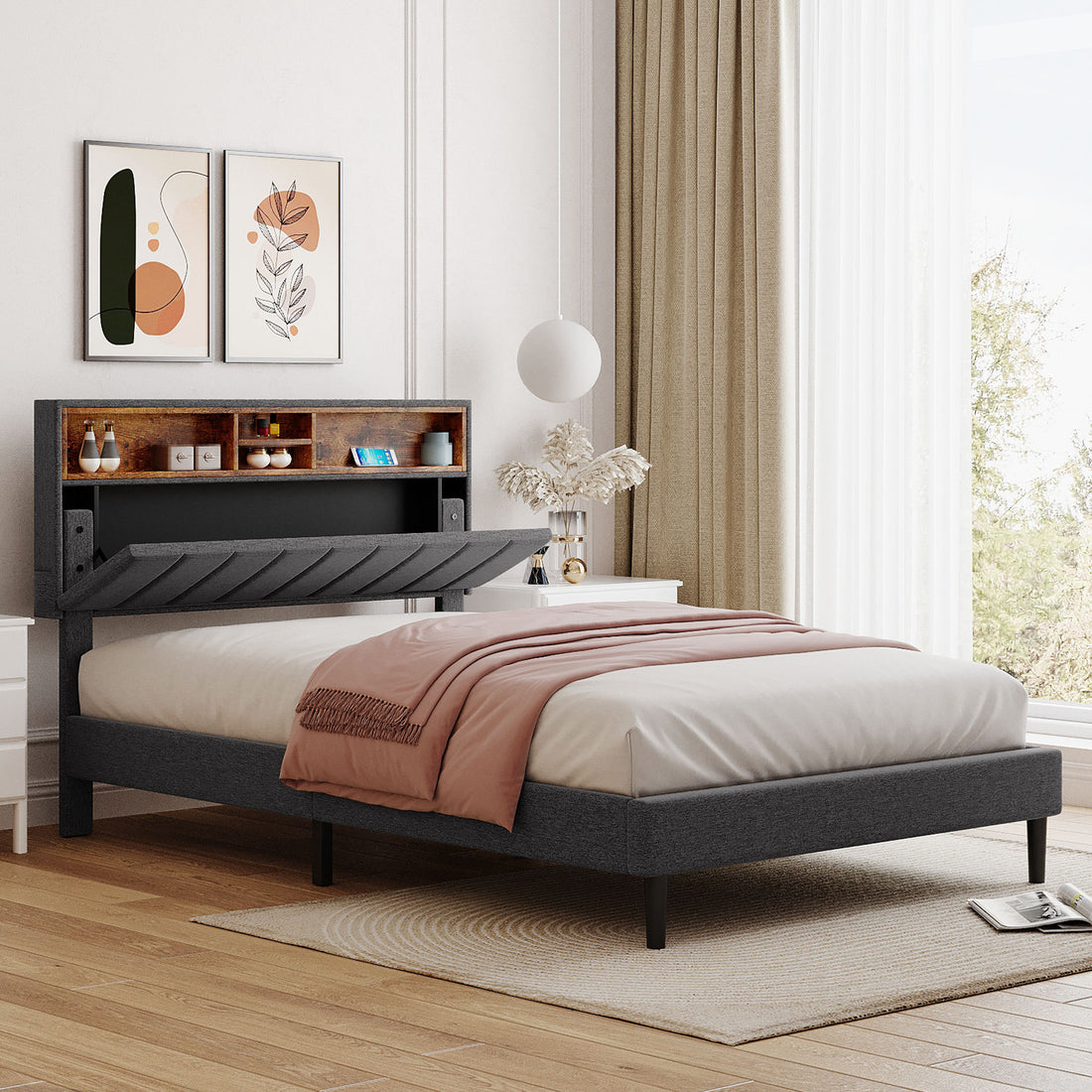 Full Size Upholstered Platform Bed With Storage Headboard And Usb Port, Linen Fabric Upholstered Bed Gray Gray Linen