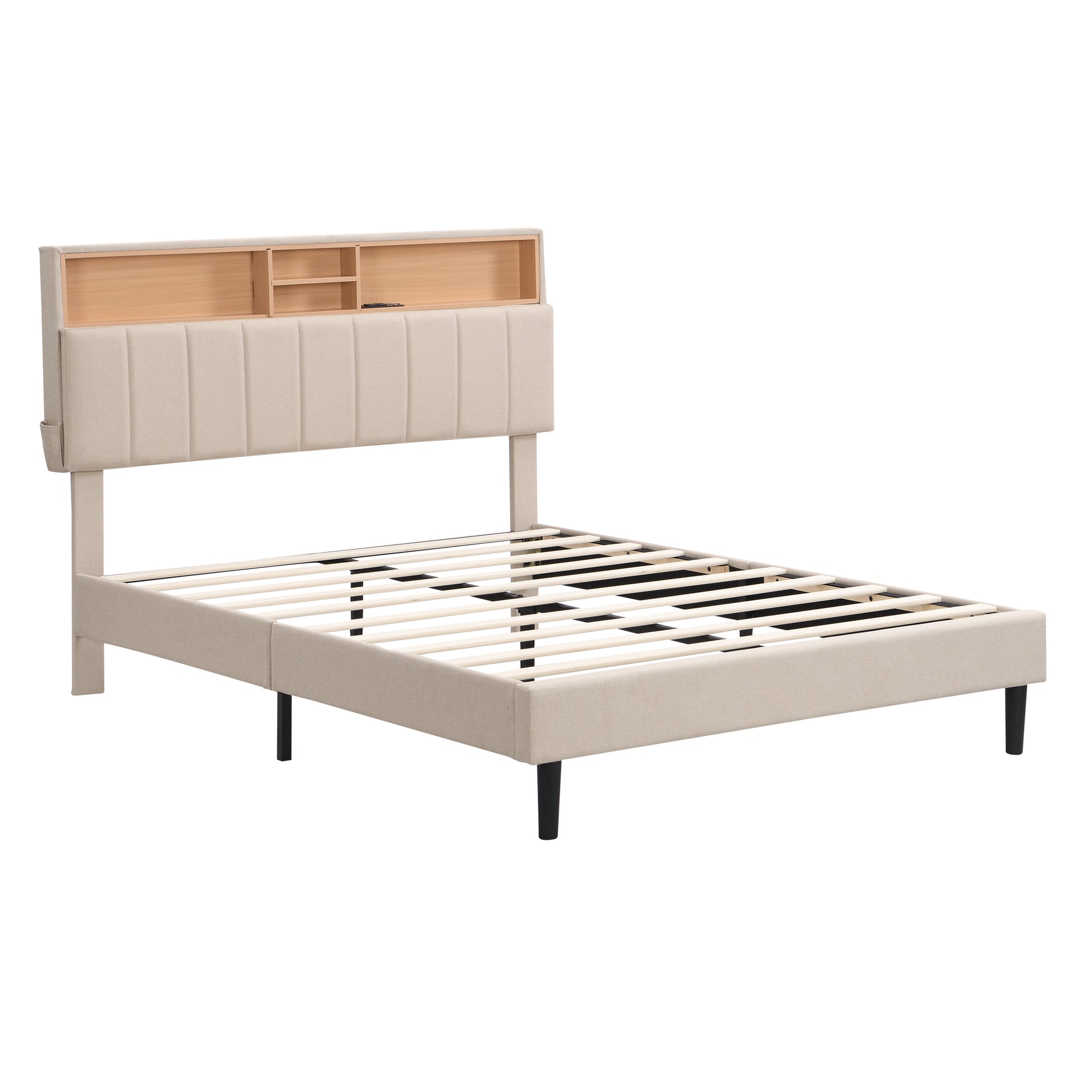 Full Size Upholstered Platform Bed With Storage Headboard And Usb Port, Linen Fabric Upholstered Bed Beige Beige Linen