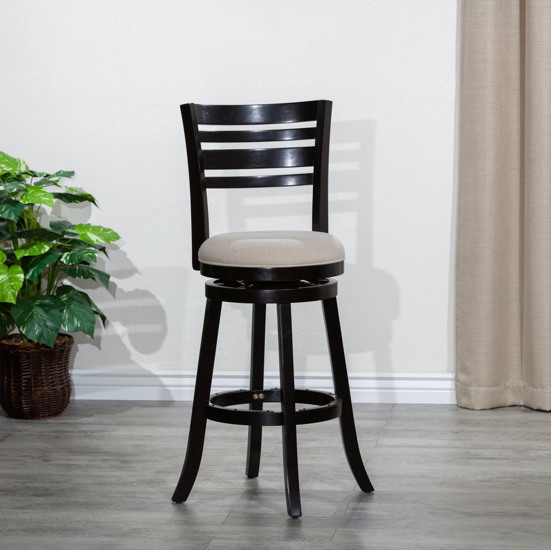 30" Bar Height Slat Back Swivel Stool, Espresso Finish, Beige Fabric Seat Espresso Fabric