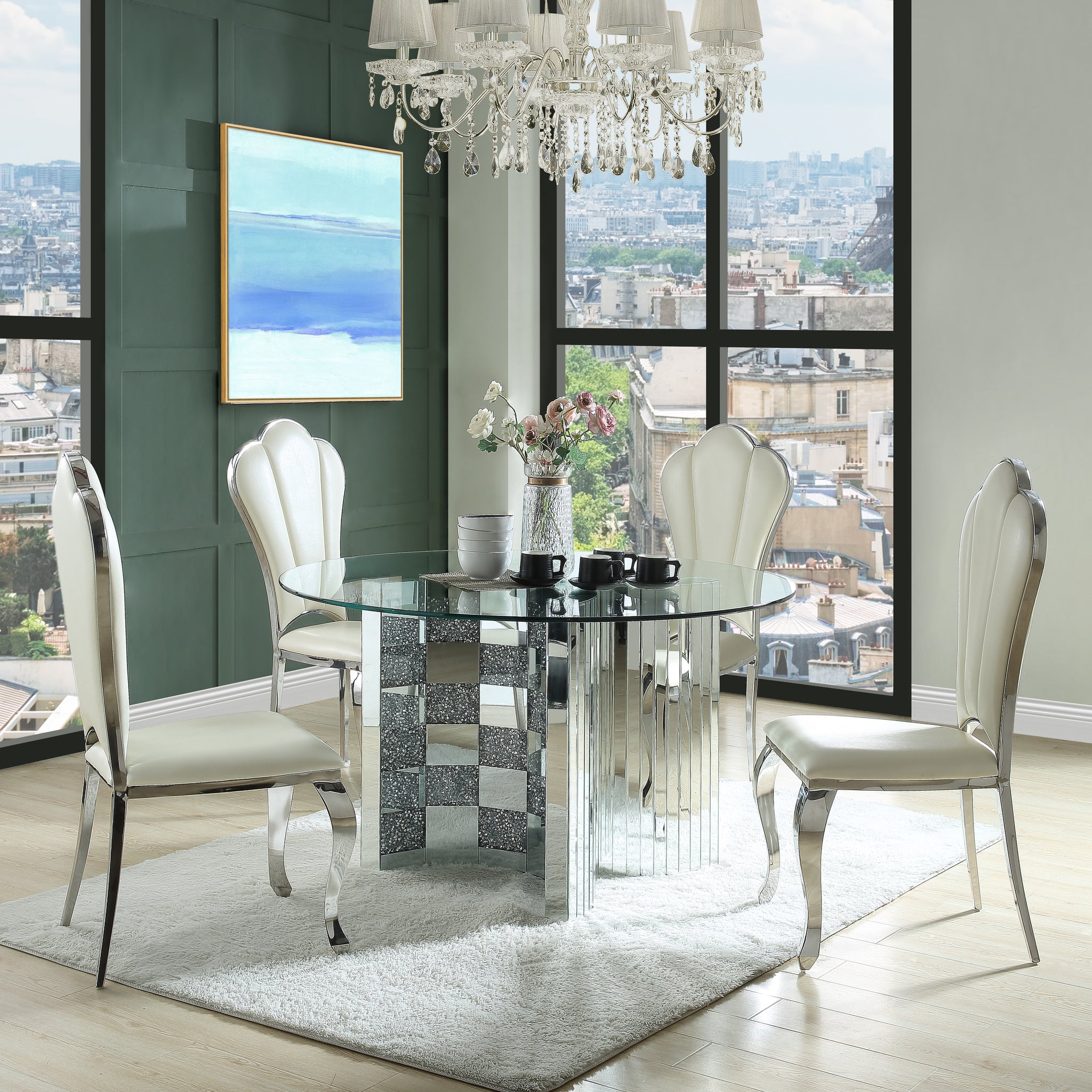 Noralie Dining Table Mirrored & Faux Diamonds Dn00718 Silver Glass