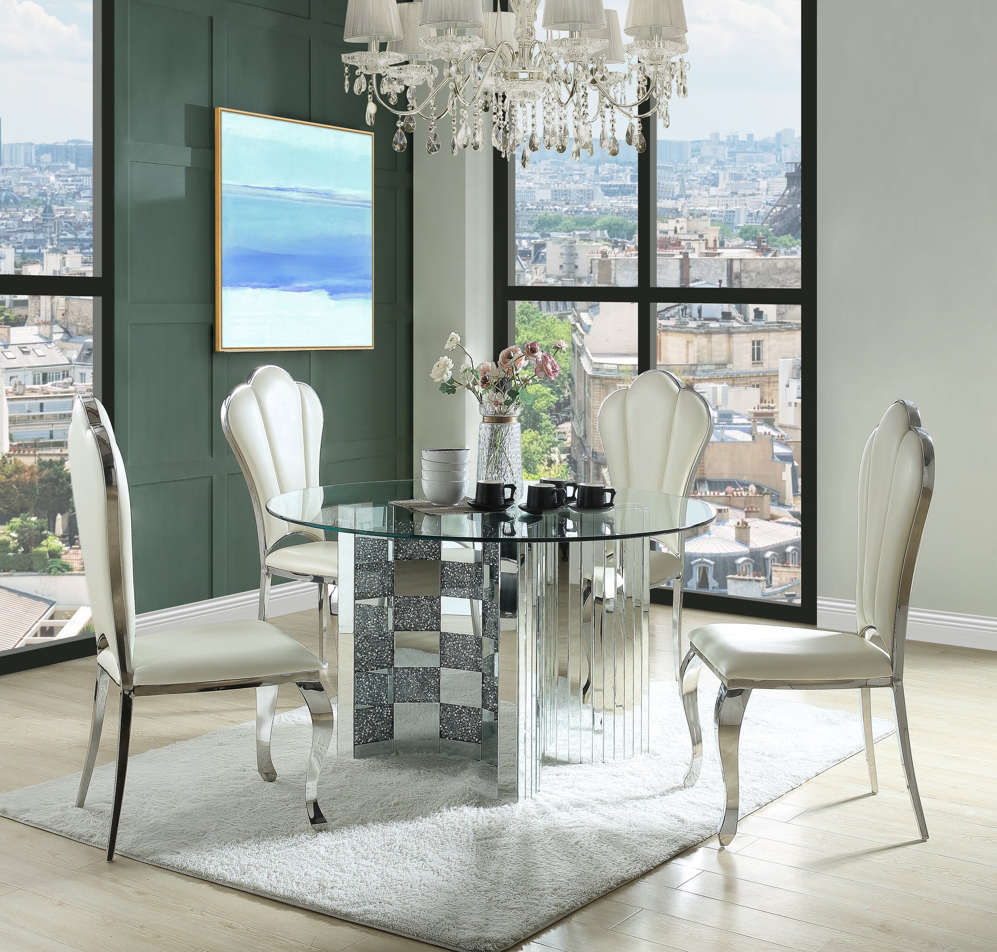 Noralie Dining Table Mirrored & Faux Diamonds Dn00718 Silver Glass