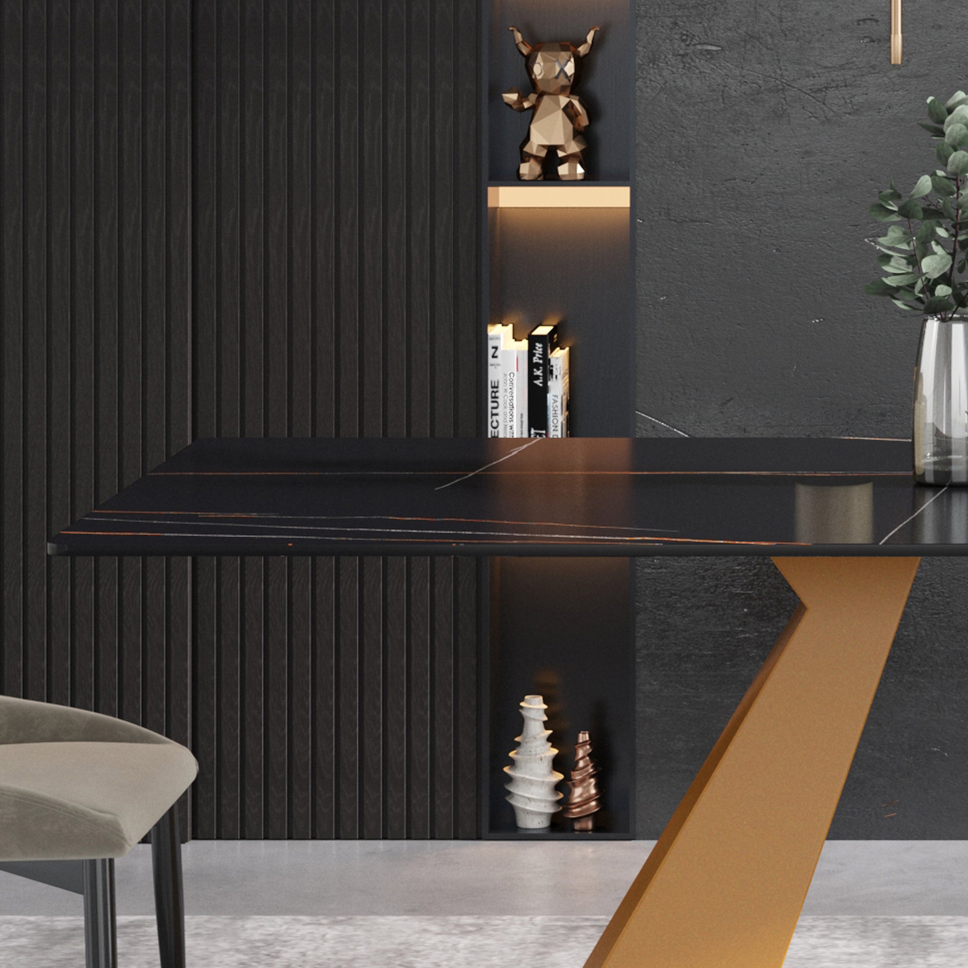 63"Modern Artificial Stone Black Straight Edge Golden Metal Leg Dining Table 6 People Black Metal Sintered Stone