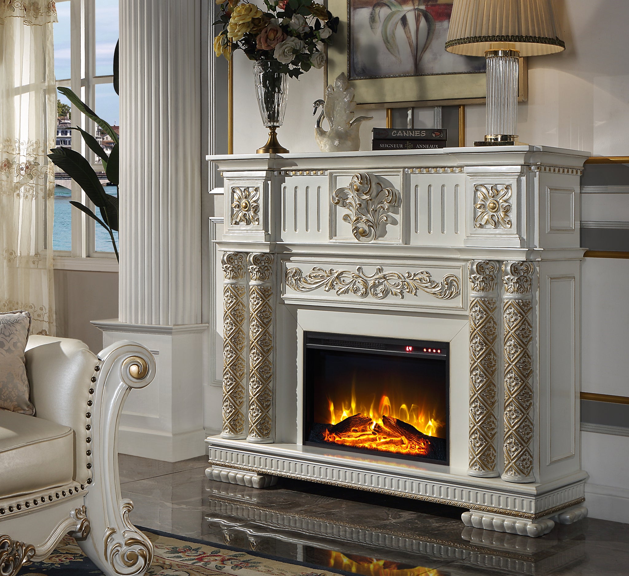 ACME Vendome FIREPLACE Antique Pearl Finish AC01313 antique white-solid wood+mdf