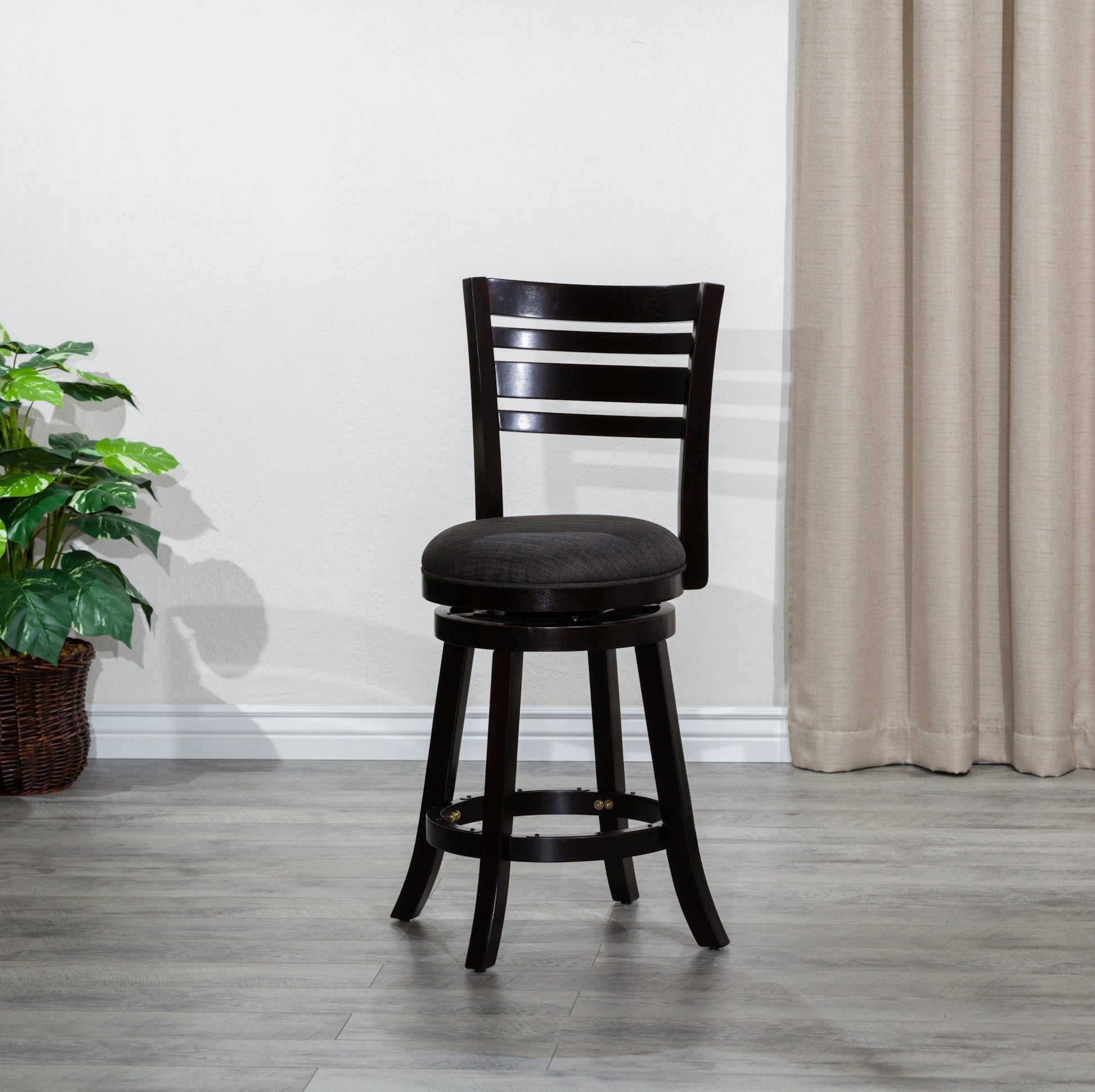 30" Bar Height Slat Back Swivel Stool, Espresso Finish, Charcoal Fabric Seat Espresso Fabric