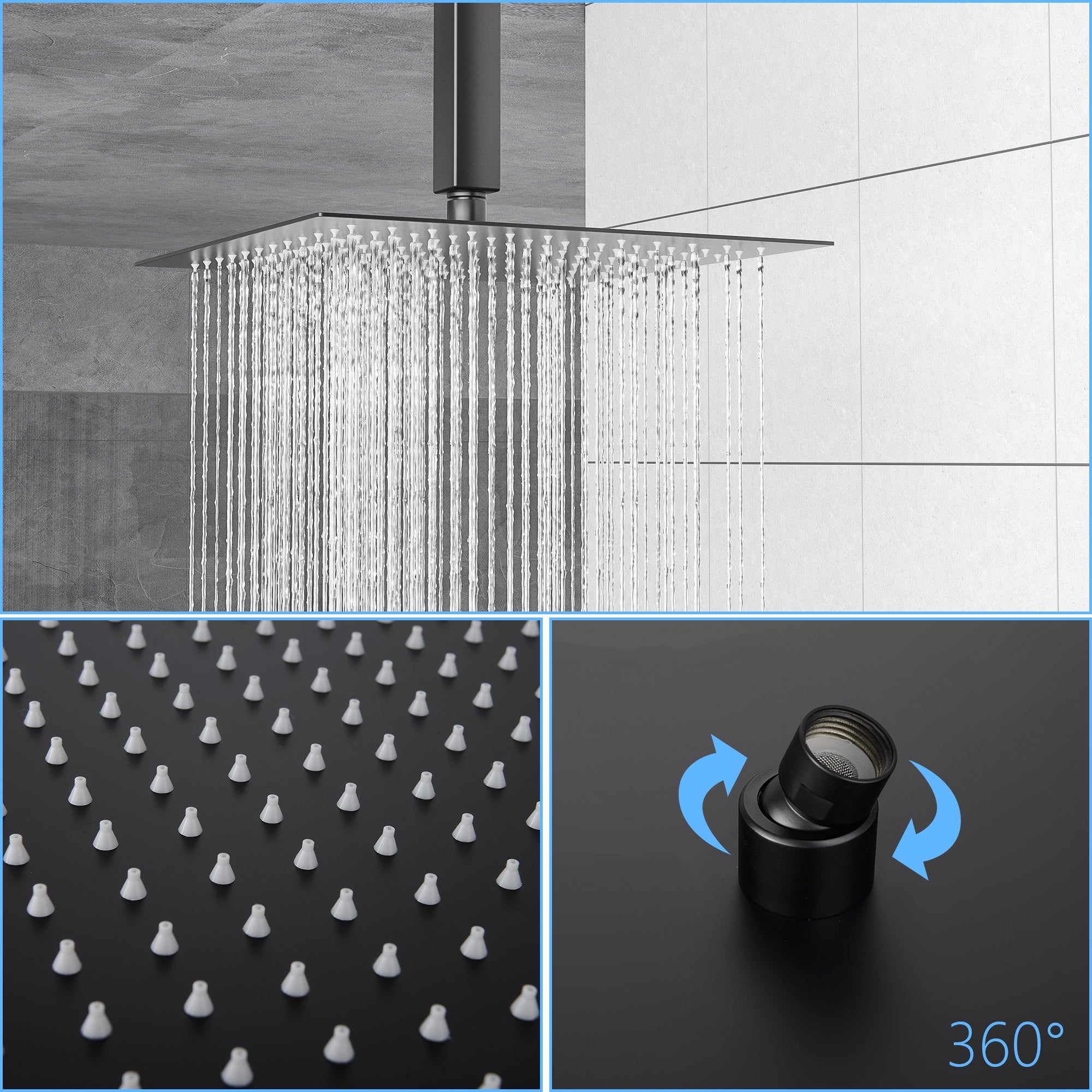 Dual Shower Head 16 Inch Ceiling Mount Square Shower matte black-stainless steel
