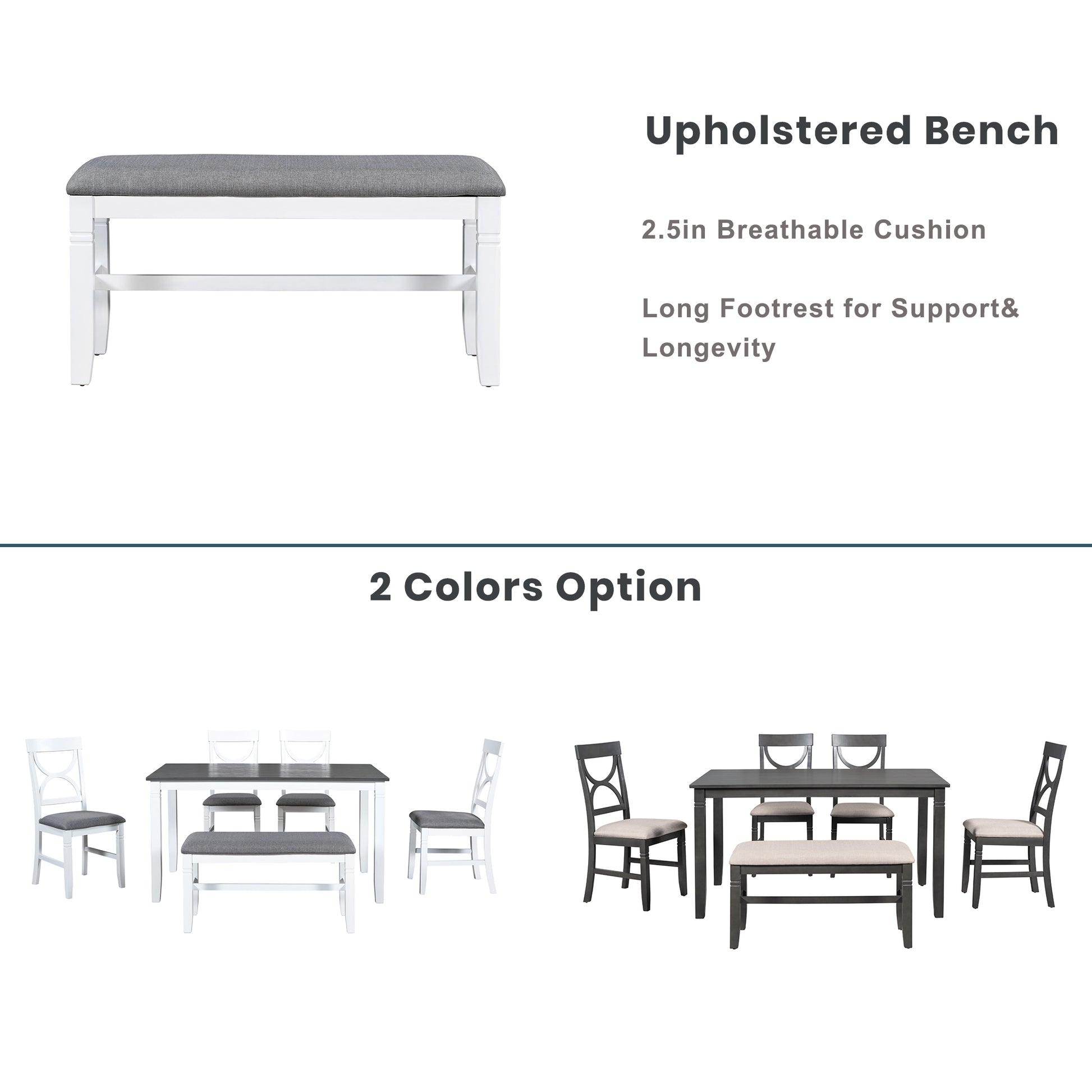 6 Piece Wood Dining Table Set Kitchen Table Set With Upholstered Bench And 4 Dining Chairs, Farmhouse Style,Gray White White Wood Dining Room Bench Seating Rubberwood Rectangular Dining Table With Chair And Bench Upholstered Chair Wood White Solid Back