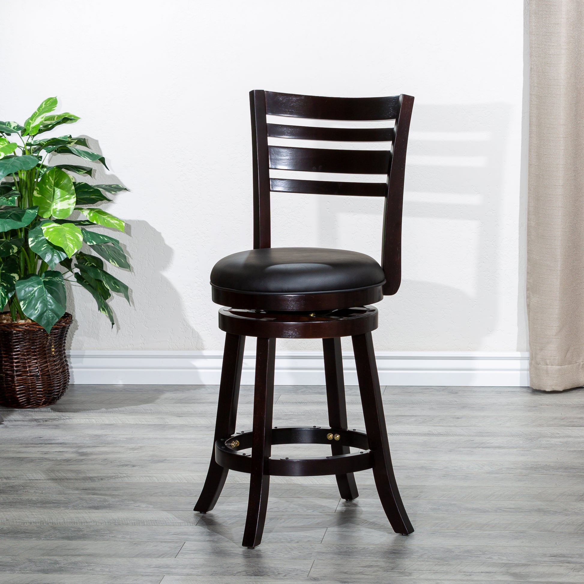 24" Counter Height Slat Back Swivel Stool, Espresso Finish, Black Leather Seat Espresso Bonded Leather