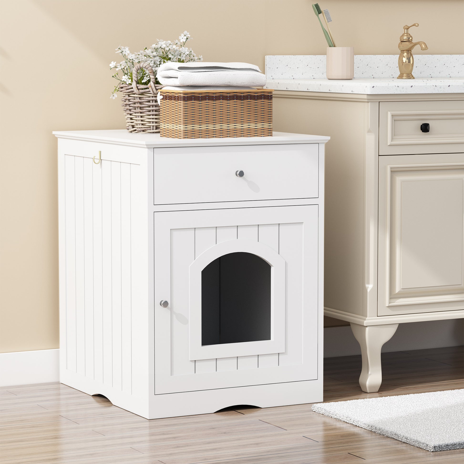 Wooden Pet House Cat Litter Box Enclosure With Drawer, Side Table, Indoor Pet Crate, Cat Home Nightstand White White Solid Wood