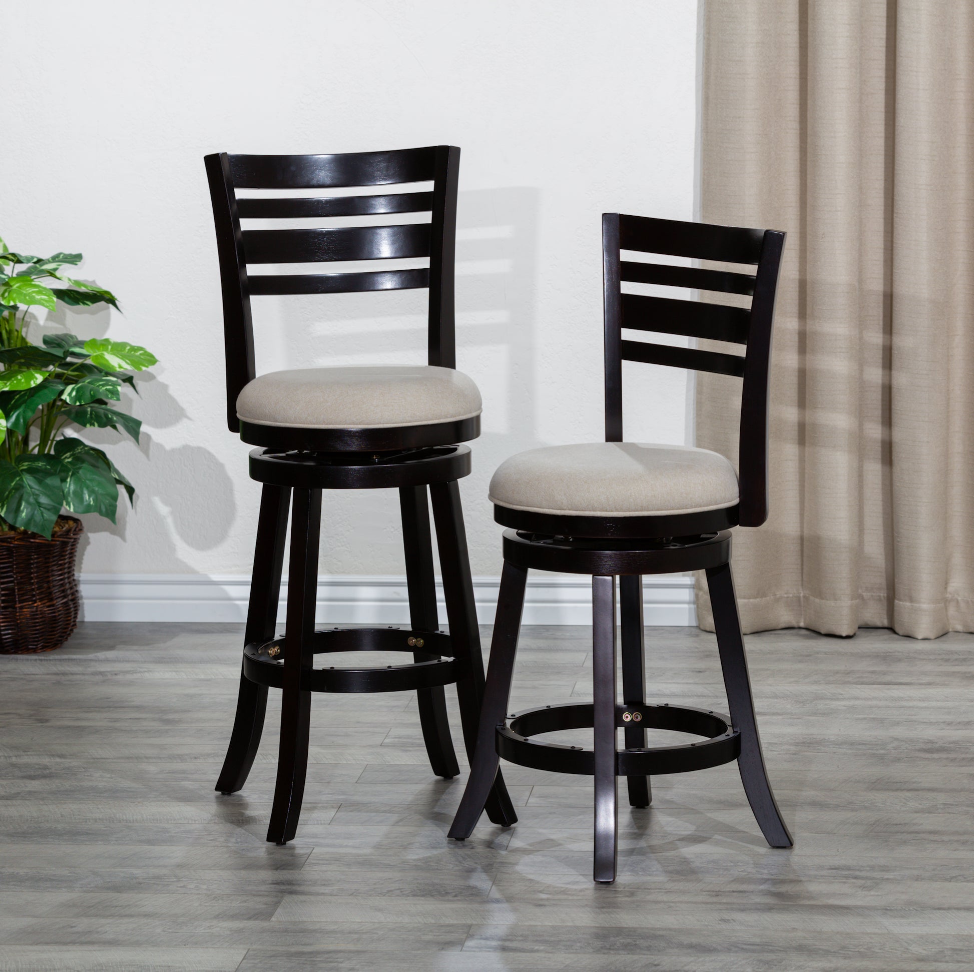 30" Bar Height Slat Back Swivel Stool, Espresso Finish, Beige Fabric Seat Espresso Fabric