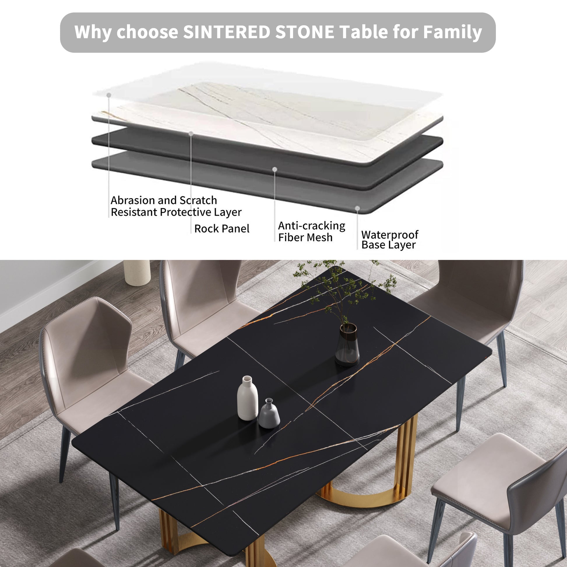 63"Modern Artificial Stone Black Straight Edge Golden Metal Leg Dining Table 6 People Black Metal Sintered Stone