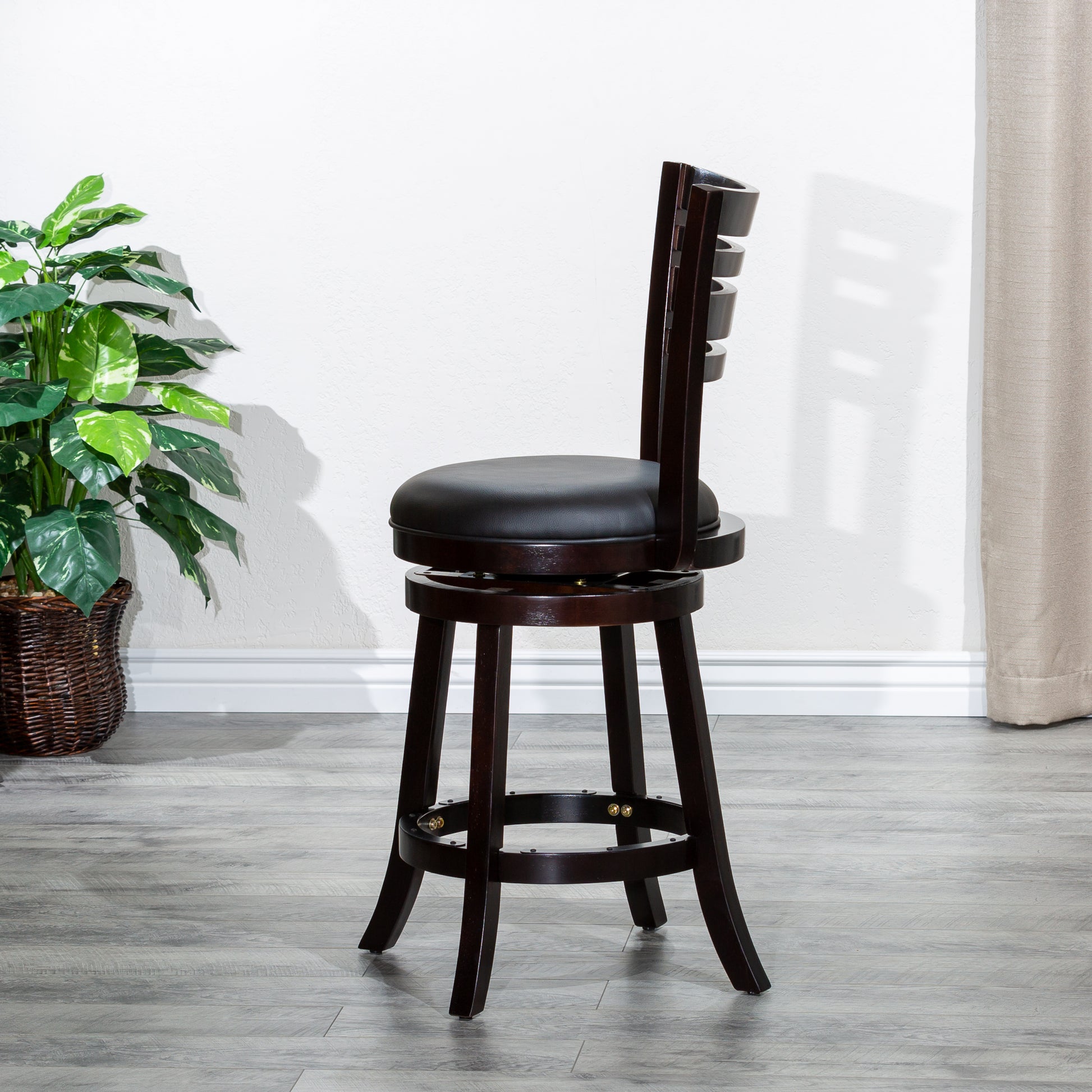 24" Counter Height Slat Back Swivel Stool, Espresso Finish, Black Leather Seat Espresso Bonded Leather