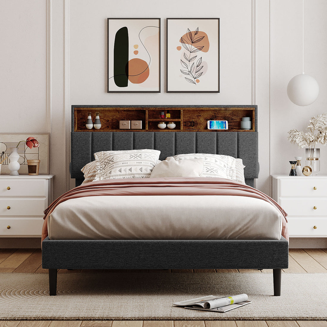 Full Size Upholstered Platform Bed With Storage Headboard And Usb Port, Linen Fabric Upholstered Bed Gray Gray Linen