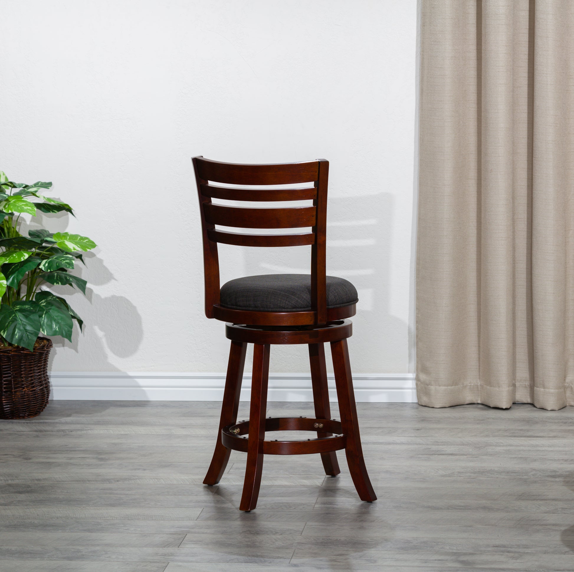 24" Counter Height Slat Back Swivel Stool, Cherry Finish, Charcoal Fabric Seat Cherry Fabric