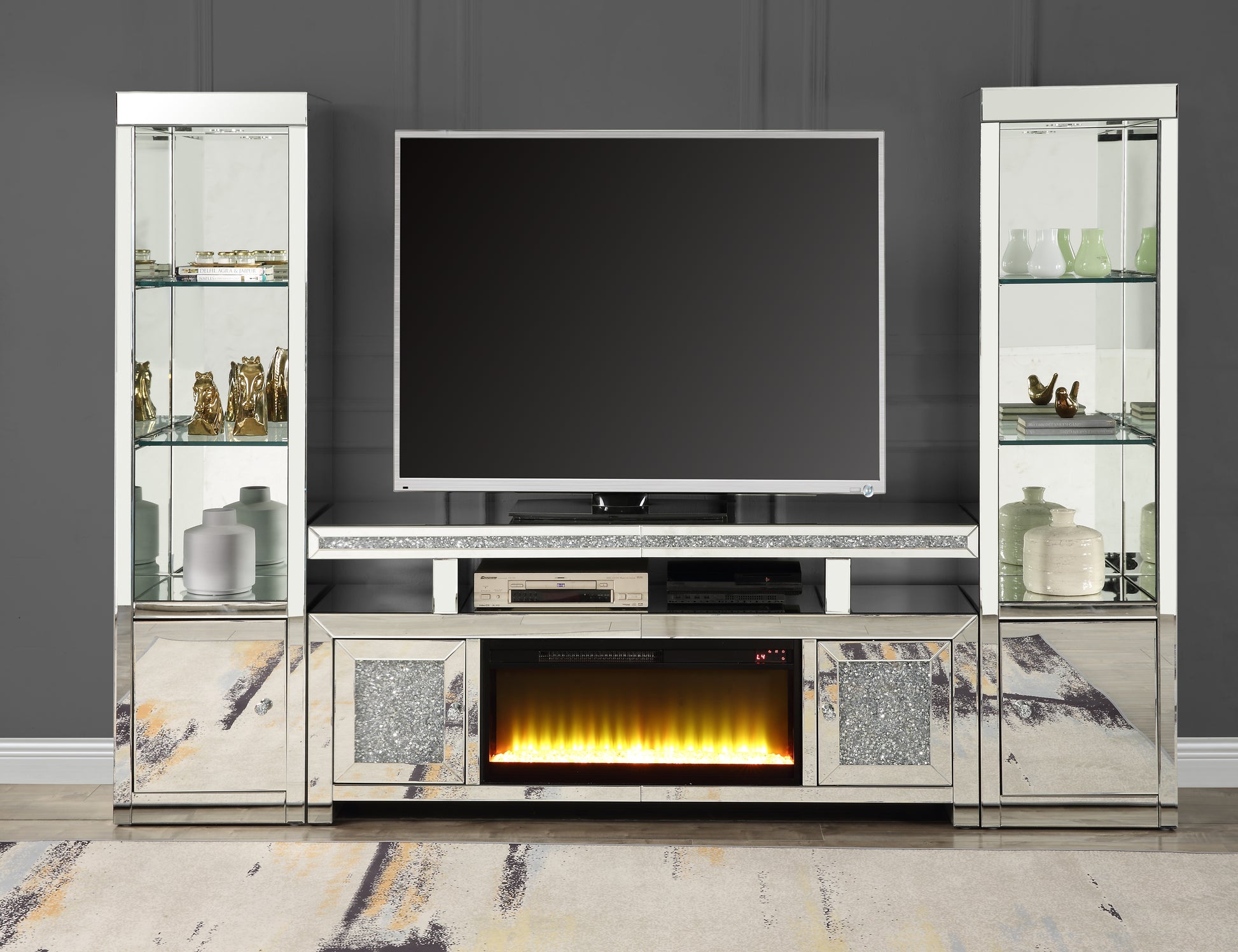 Noralie Tv Stand W Fireplace Mirrored & Faux Diamonds Lv00523 Silver 60 69 Inches Glass