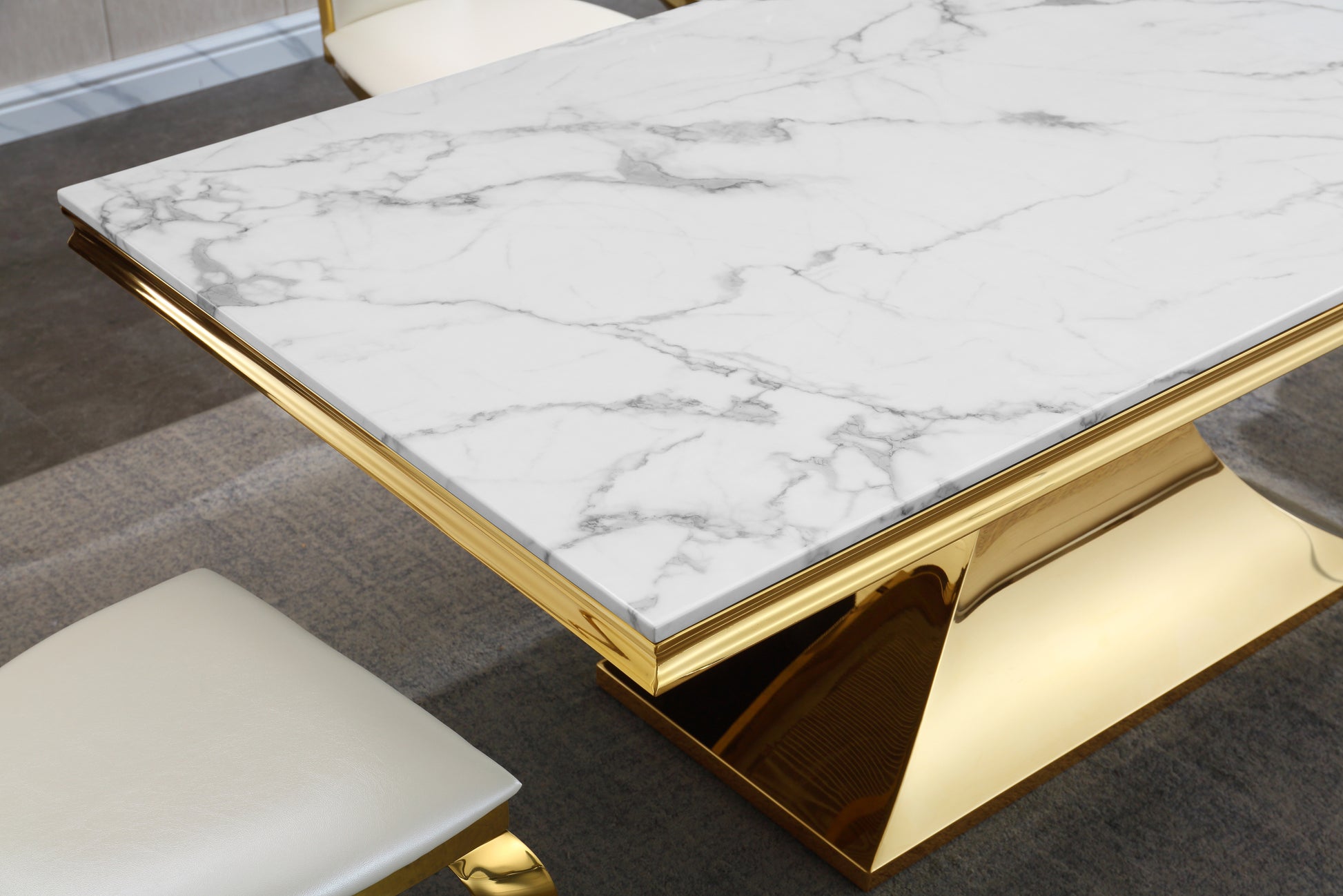 Luxurious Design Marble Rectangular Dining Table With Gold Mirrored Finish Stainless Steel Base Golden White Marble