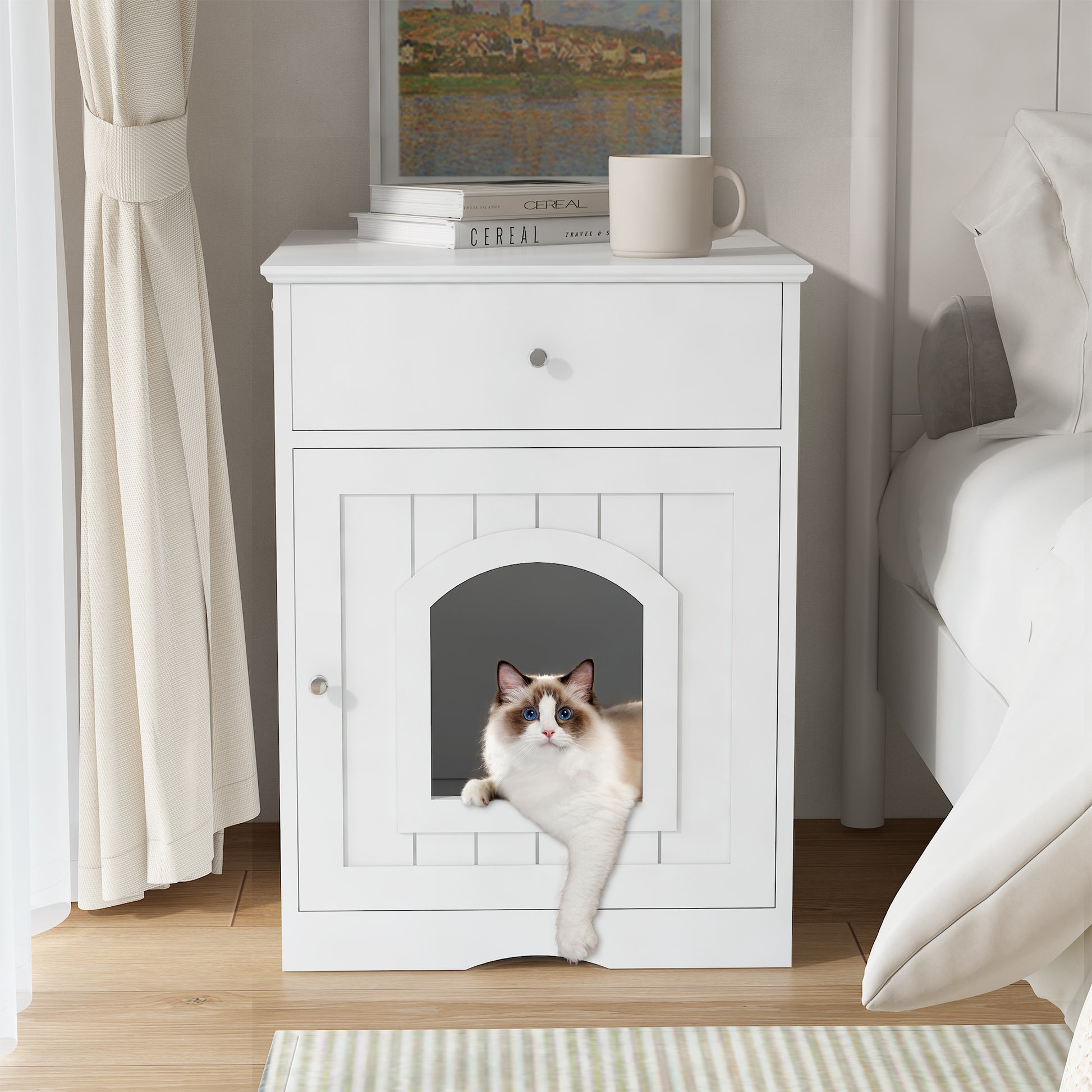 Wooden Pet House Cat Litter Box Enclosure With Drawer, Side Table, Indoor Pet Crate, Cat Home Nightstand White White Solid Wood