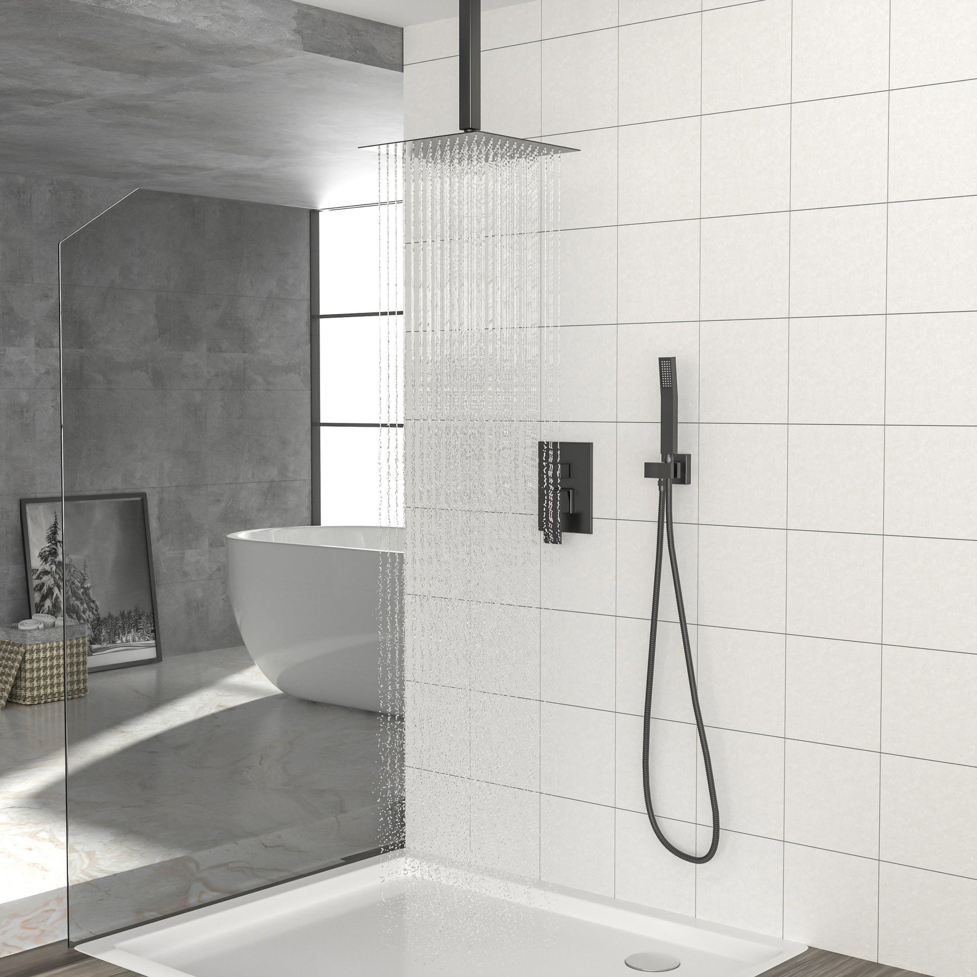 Dual Shower Head 16 Inch Ceiling Mount Square Shower System With Rough In Valve, Matte Black Matte Black Stainless Steel