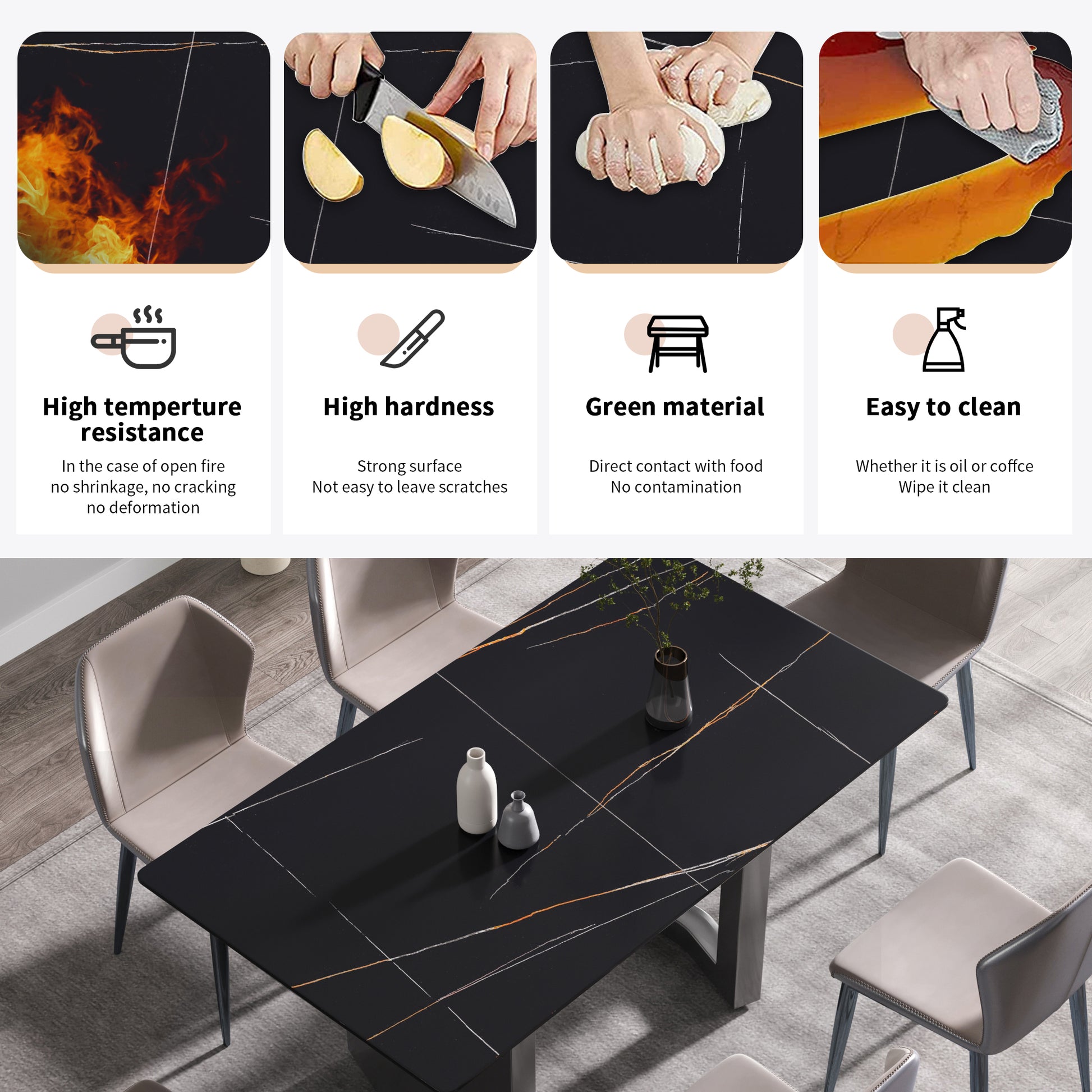 63"Modern Artificial Stone Black Straight Edge Black Metal Leg Dining Table 6 People Black Metal Sintered Stone