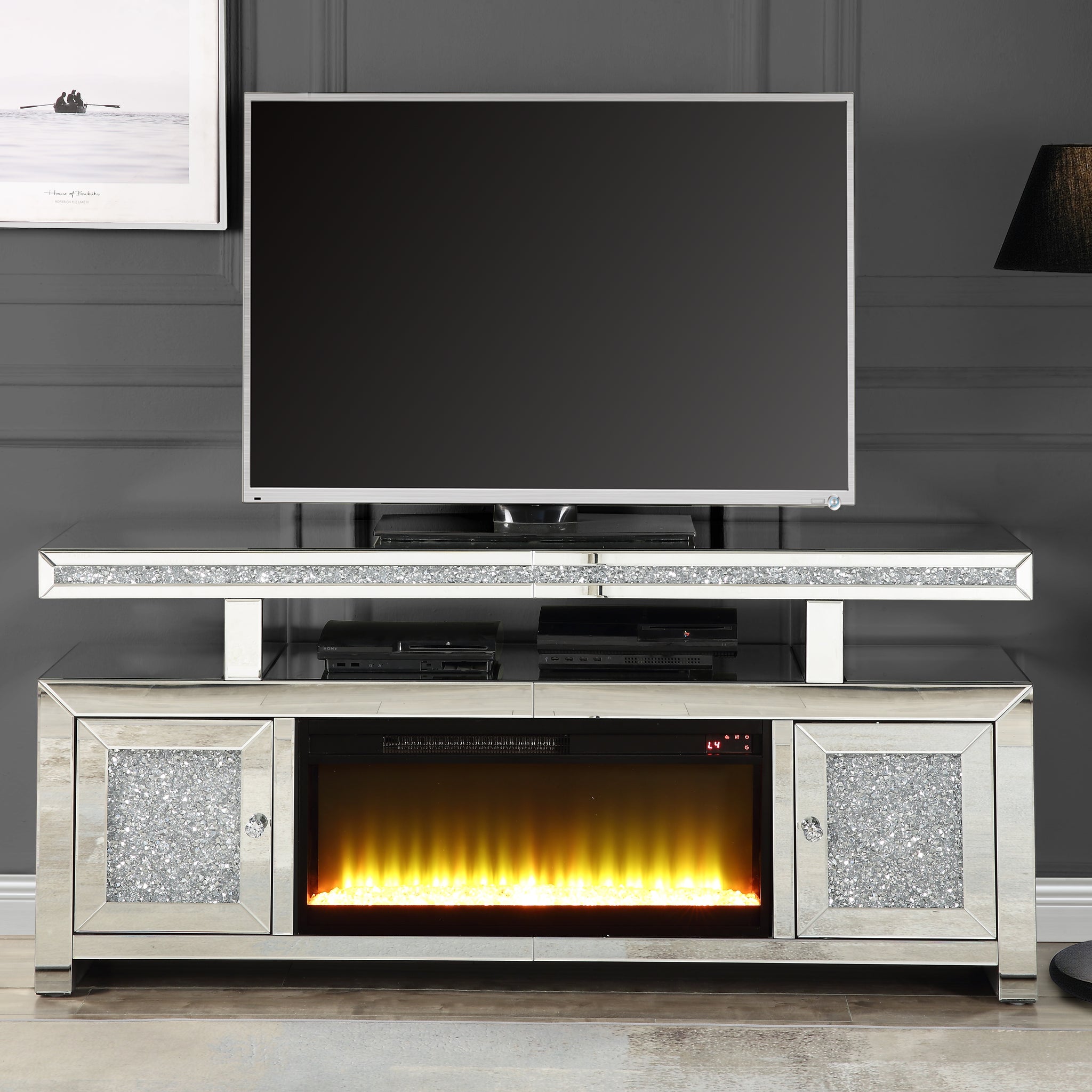 Noralie Tv Stand W Fireplace Mirrored & Faux Diamonds Lv00523 Silver 60 69 Inches Glass