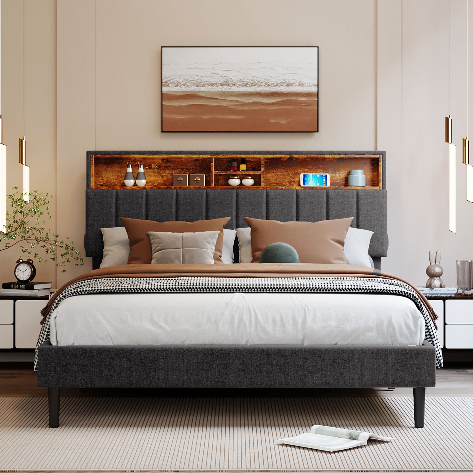 Queen Size Upholstered Platform Bed with Storage gray-linen