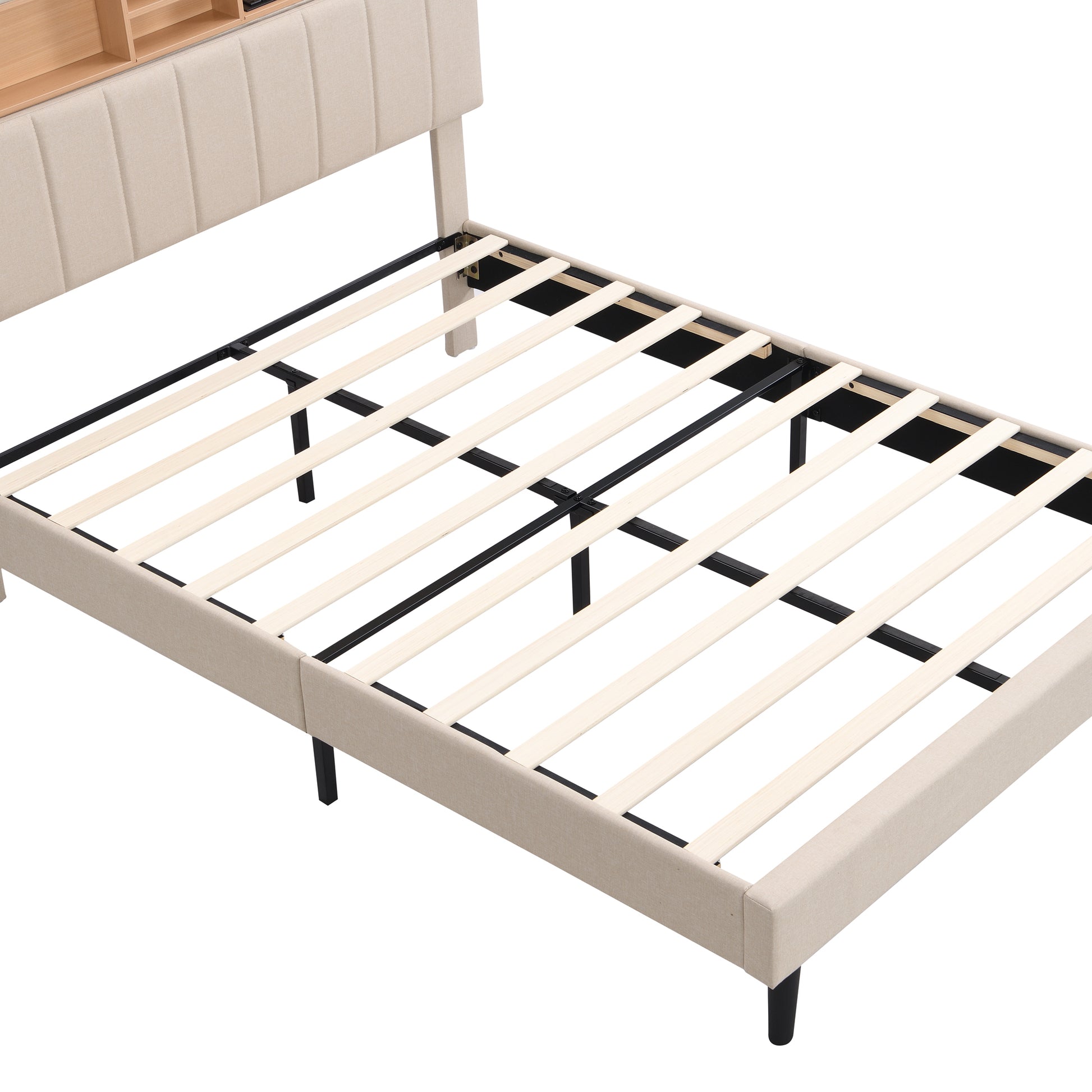 Full Size Upholstered Platform Bed With Storage Headboard And Usb Port, Linen Fabric Upholstered Bed Beige Beige Linen