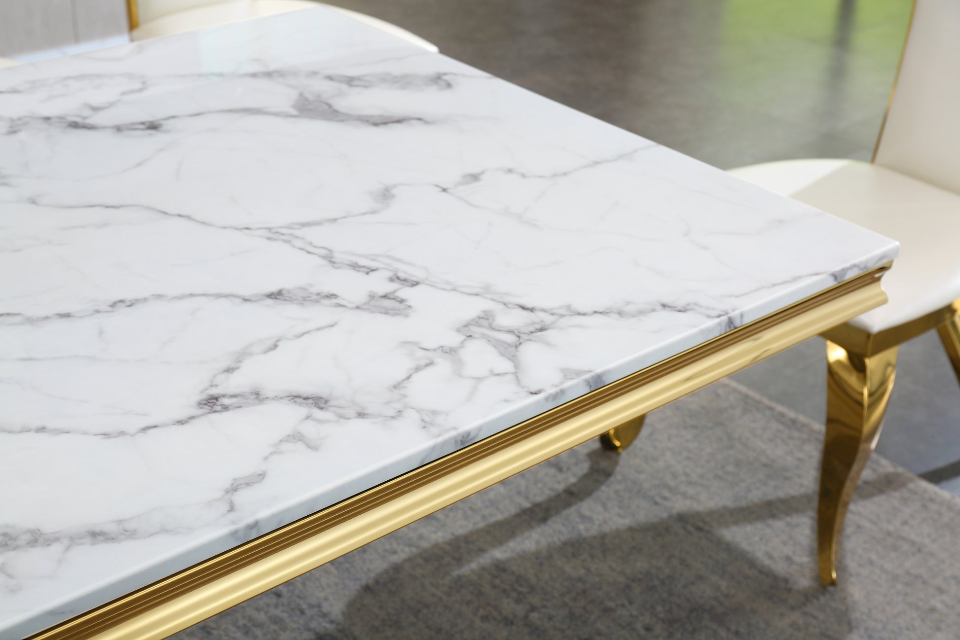 Luxurious Design Marble Rectangular Dining Table With Gold Mirrored Finish Stainless Steel Base Golden White Marble