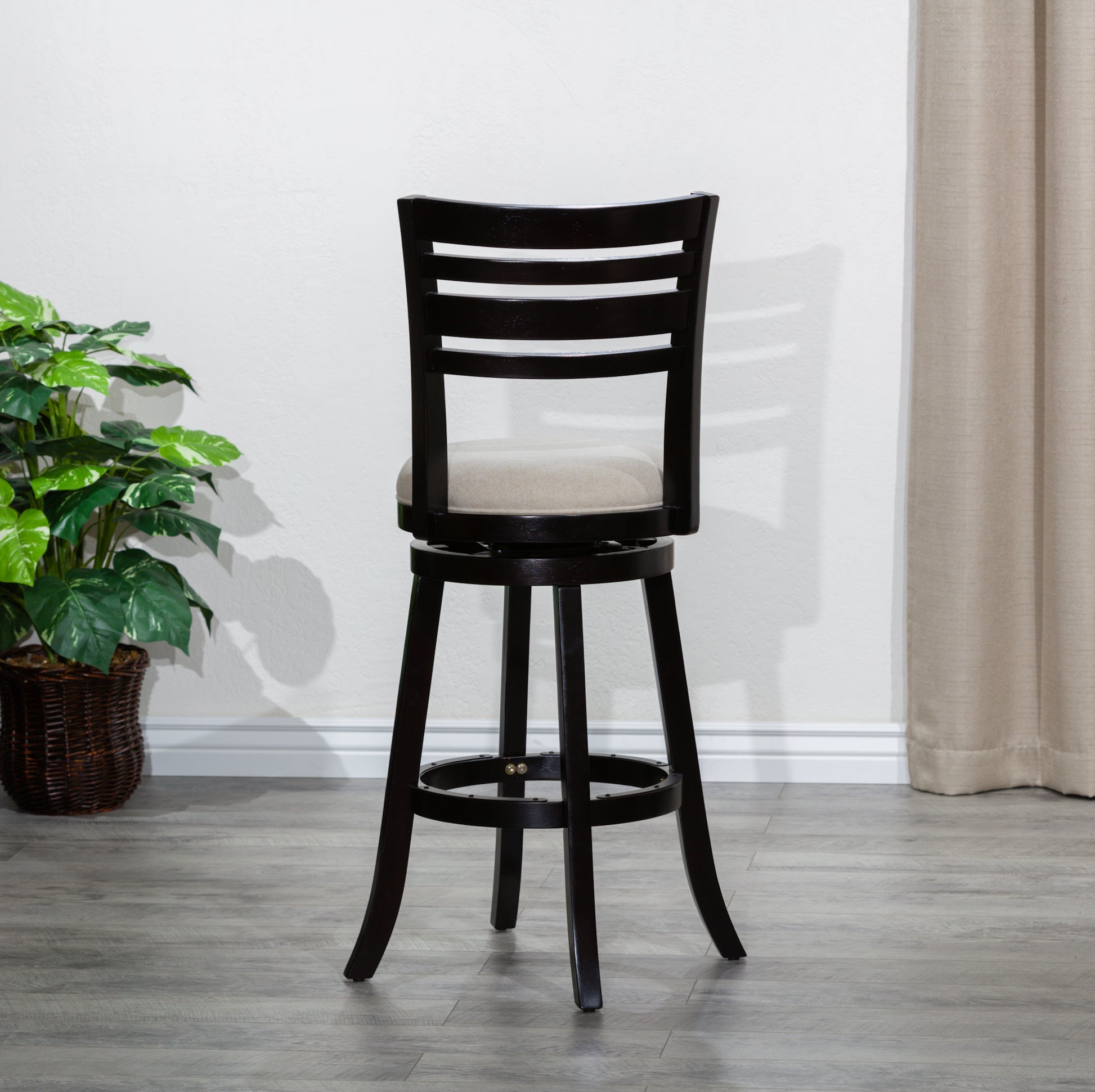 30" Bar Height Slat Back Swivel Stool, Espresso Finish, Beige Fabric Seat Espresso Fabric