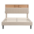 Full Size Upholstered Platform Bed With Storage Headboard And Usb Port, Linen Fabric Upholstered Bed Beige Beige Linen