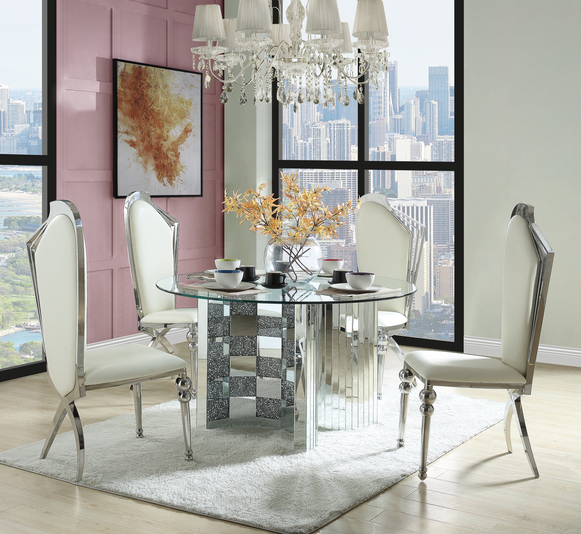 Noralie Dining Table Mirrored & Faux Diamonds Dn00718 Silver Glass