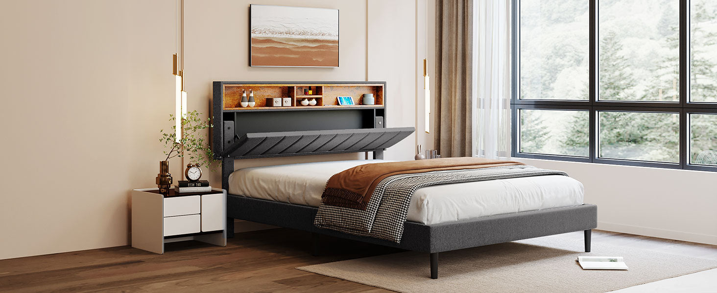 Queen Size Upholstered Platform Bed with Storage gray-linen