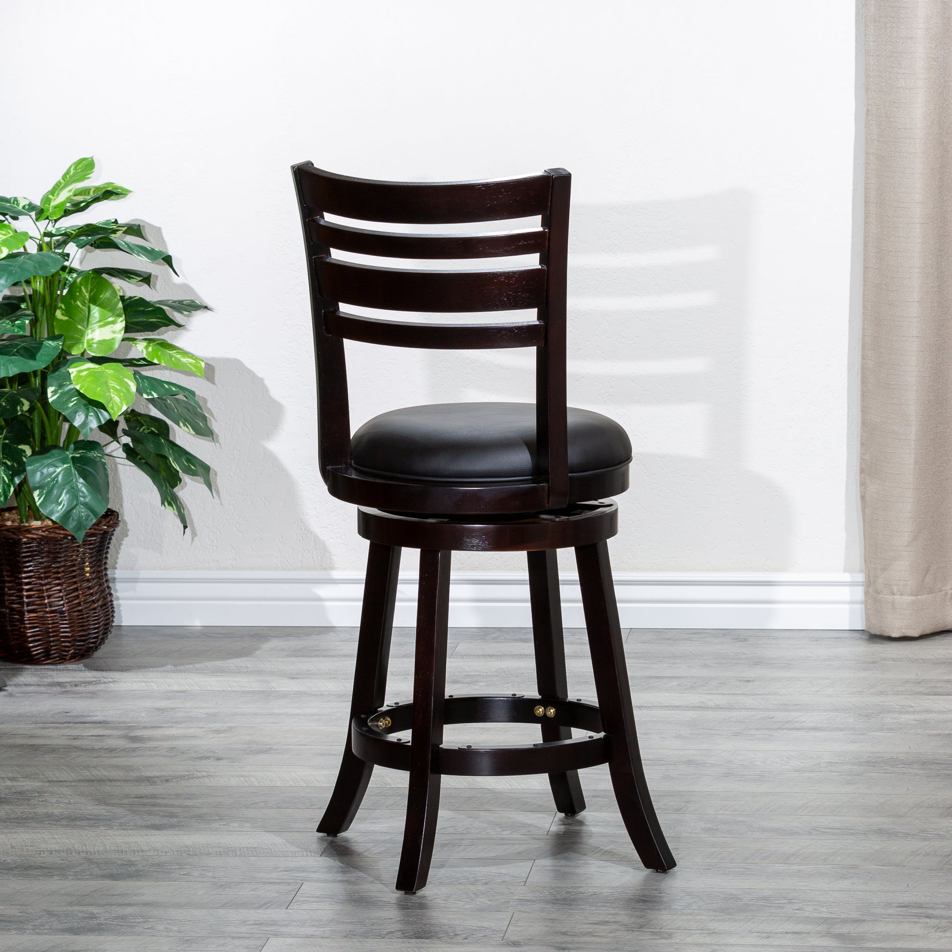 24" Counter Height Slat Back Swivel Stool, Espresso Finish, Black Leather Seat Espresso Bonded Leather