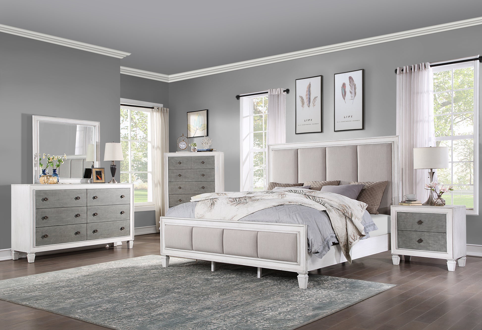 Katia Queen Bed Light Gray Linen, Rustic Gray & Weathered White Finish Bd00660Q Light Gray Linen