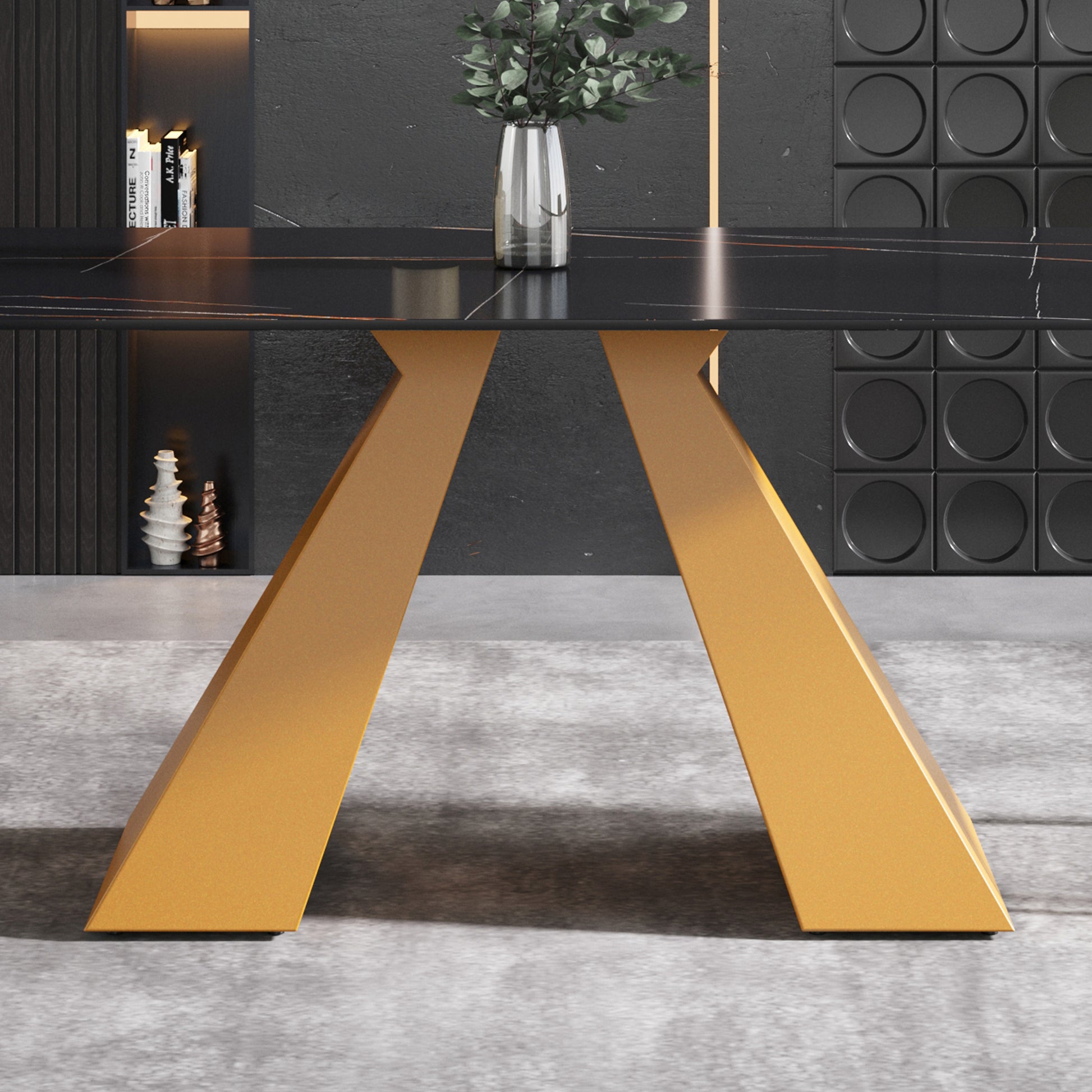 63"Modern Artificial Stone Black Straight Edge Golden Metal Leg Dining Table 6 People Black Metal Sintered Stone