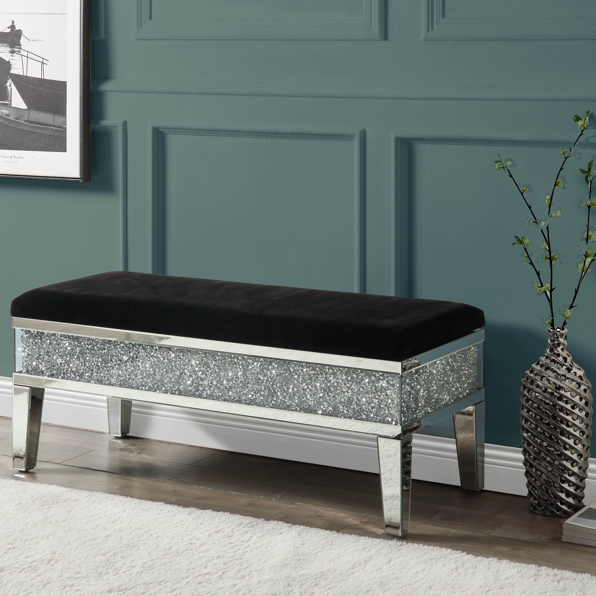 Noralie Bench W Storage Mirrored & Faux Diamonds Ac00535 Silver Glass