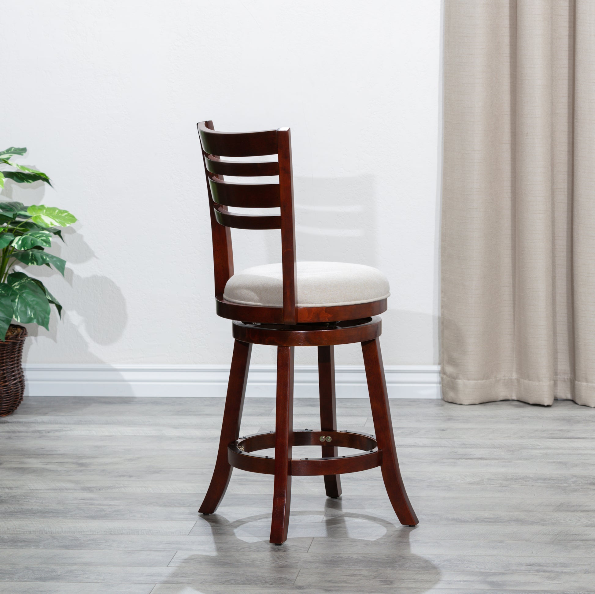 24" Counter Height Slat Back Swivel Stool, Cherry Finish, Beige Fabric Seat Cherry Fabric