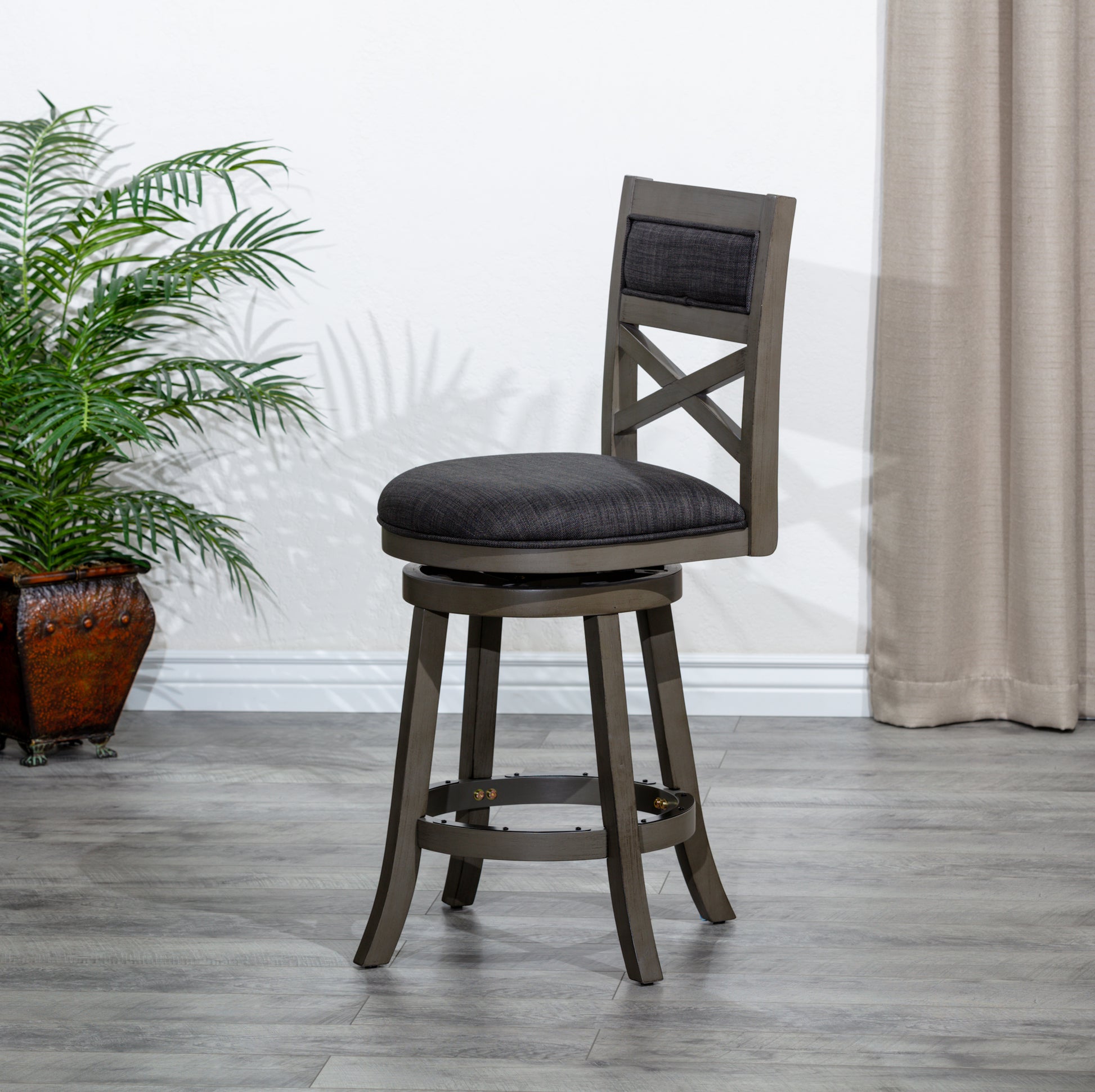 30" Bar Height X Back Swivel Stool, Weathered Gray Finish Grey, Charcoal Fabric Seat Gray Fabric