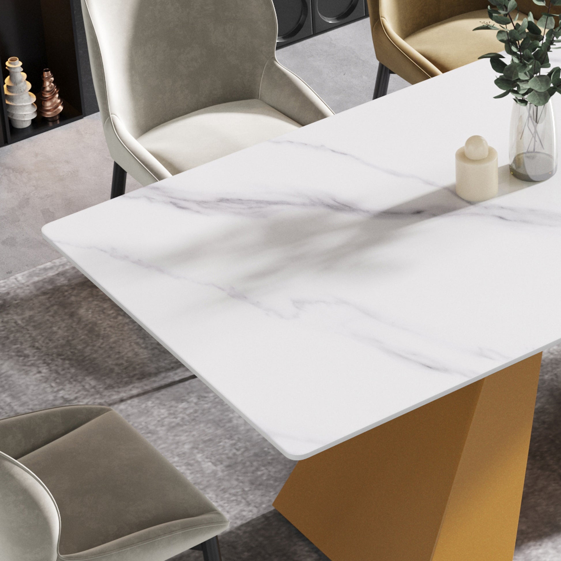 63"Modern Artificial Stone White Straight Edge Golden Metal Leg Dining Table 6 People White Metal Sintered Stone