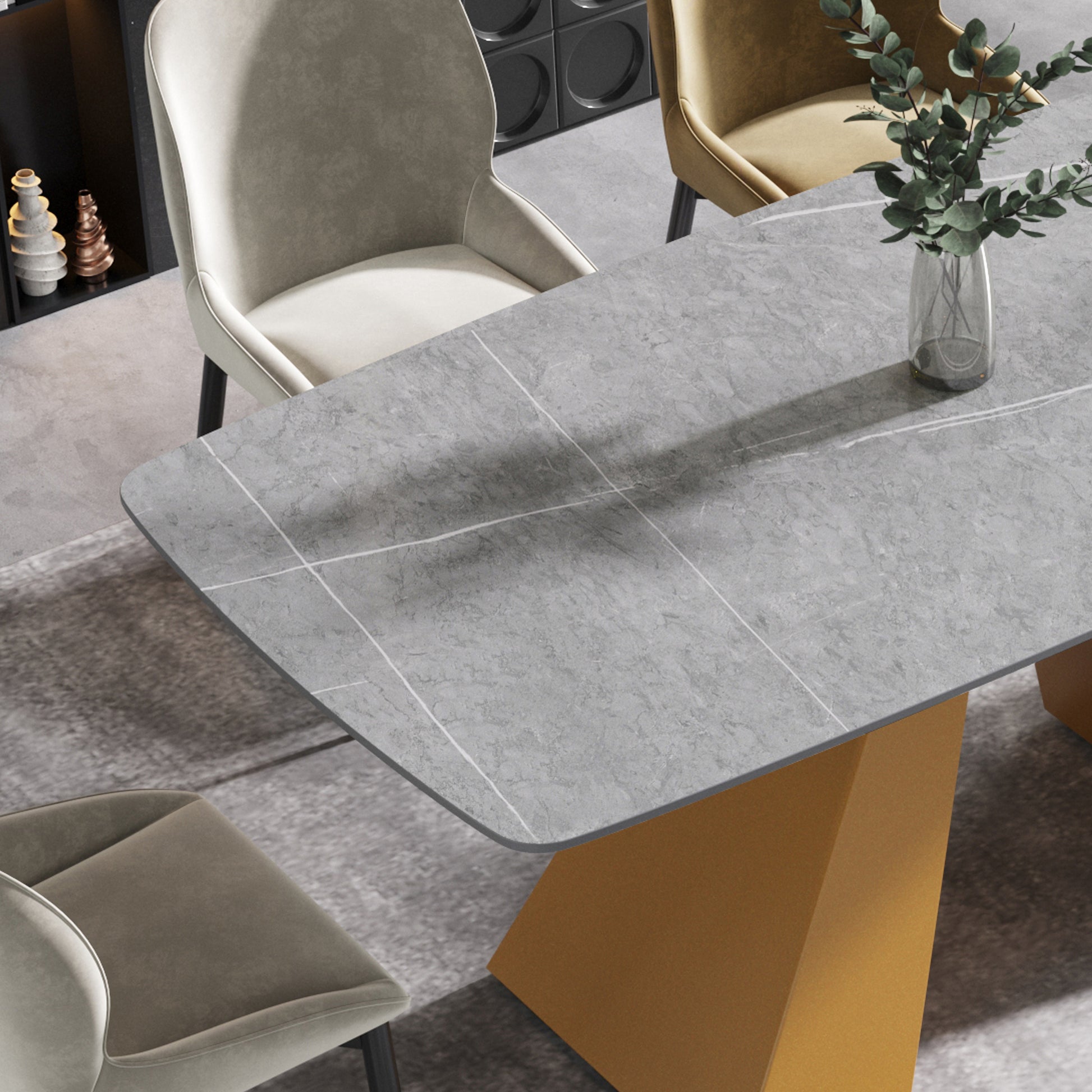 70.87"Modern Artificial Stone Gray Curved Golden Metal Leg Dining Table Can Accommodate 6 8 People Gray Metal Sintered Stone