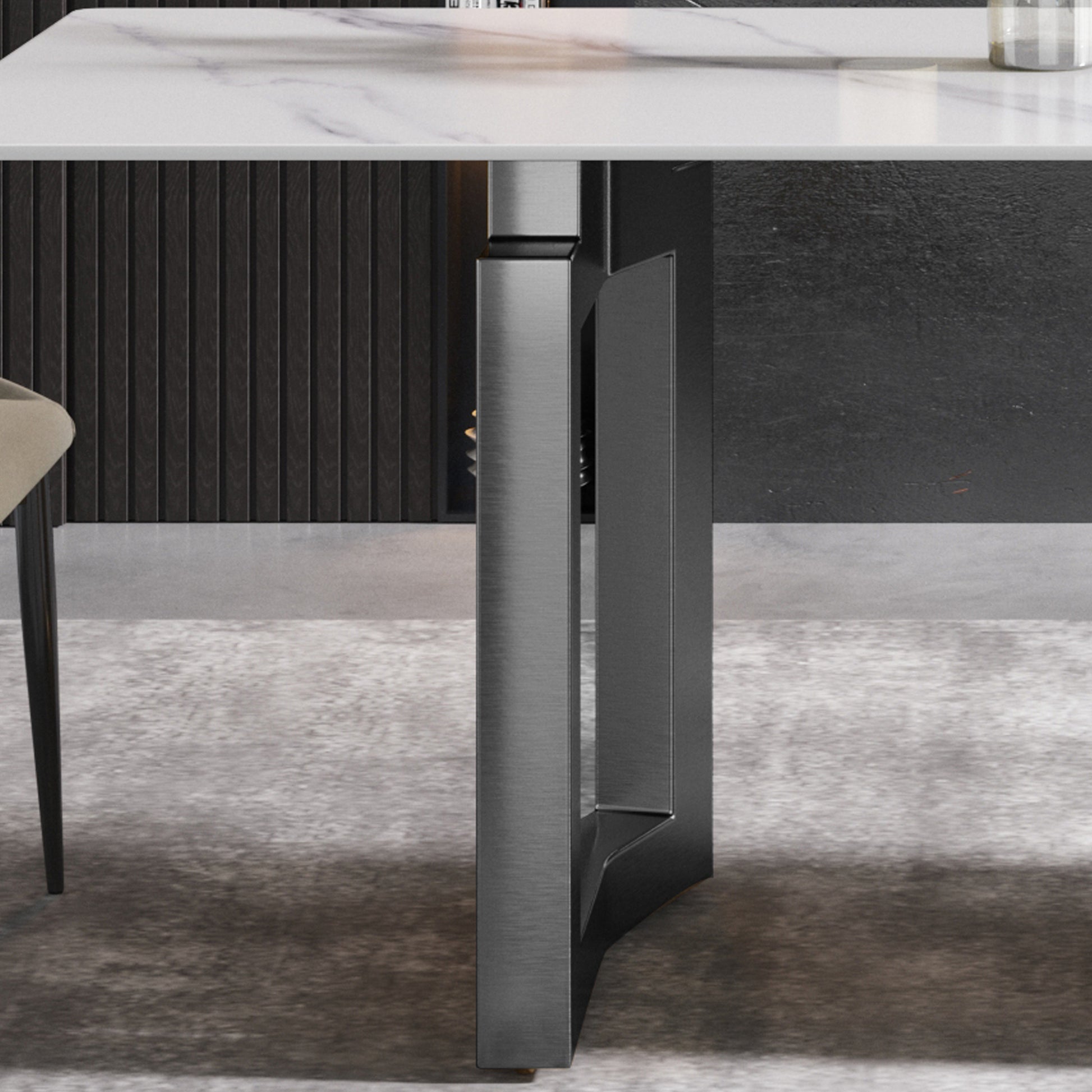 63"Modern Artificial Stone White Straight Edge Black Metal Leg Dining Table 6 People White Metal Sintered Stone