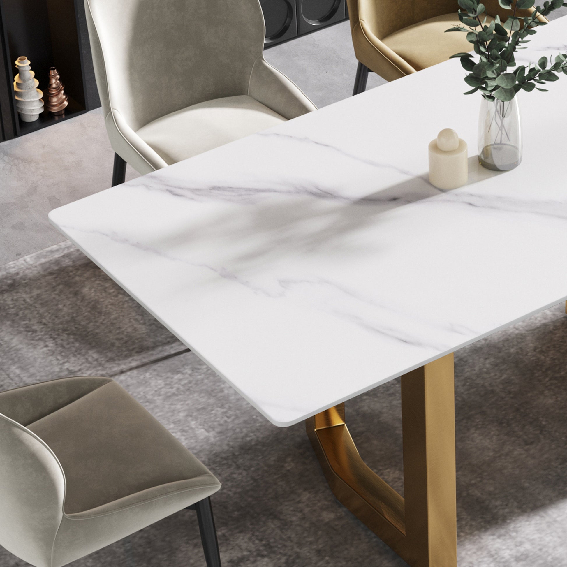 63"Modern Artificial Stone White Straight Edge Golden Metal Leg Dining Table 6 People White Metal Sintered Stone