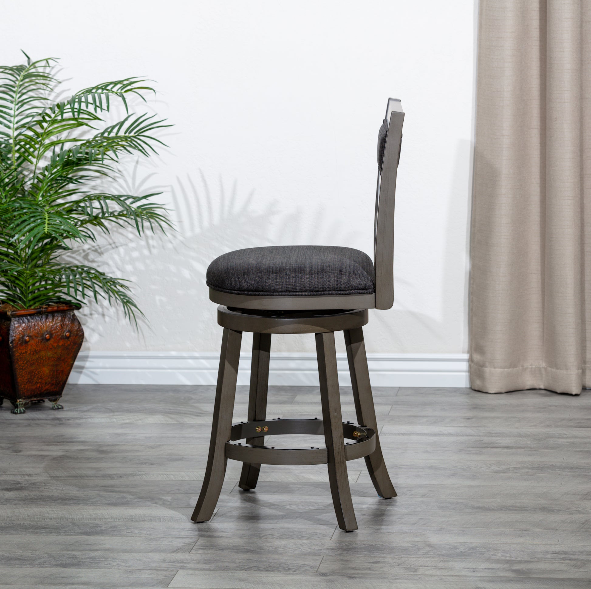 30" Bar Height X Back Swivel Stool, Weathered Gray Finish Grey, Charcoal Fabric Seat Gray Fabric