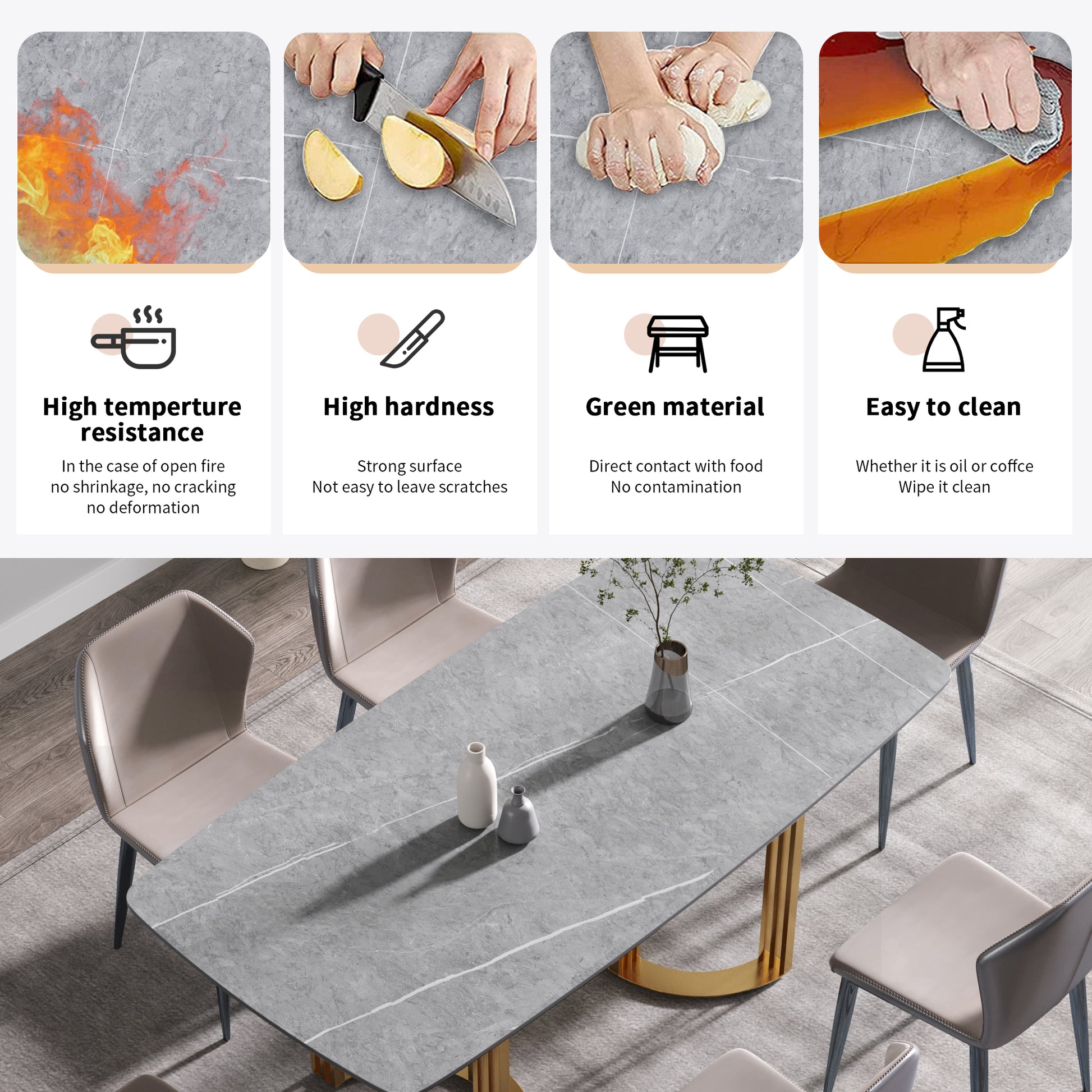 70.87"Modern Artificial Stone Gray Curved Golden Metal Leg Dining Table Can Accommodate 6 8 People Gray Metal Sintered Stone