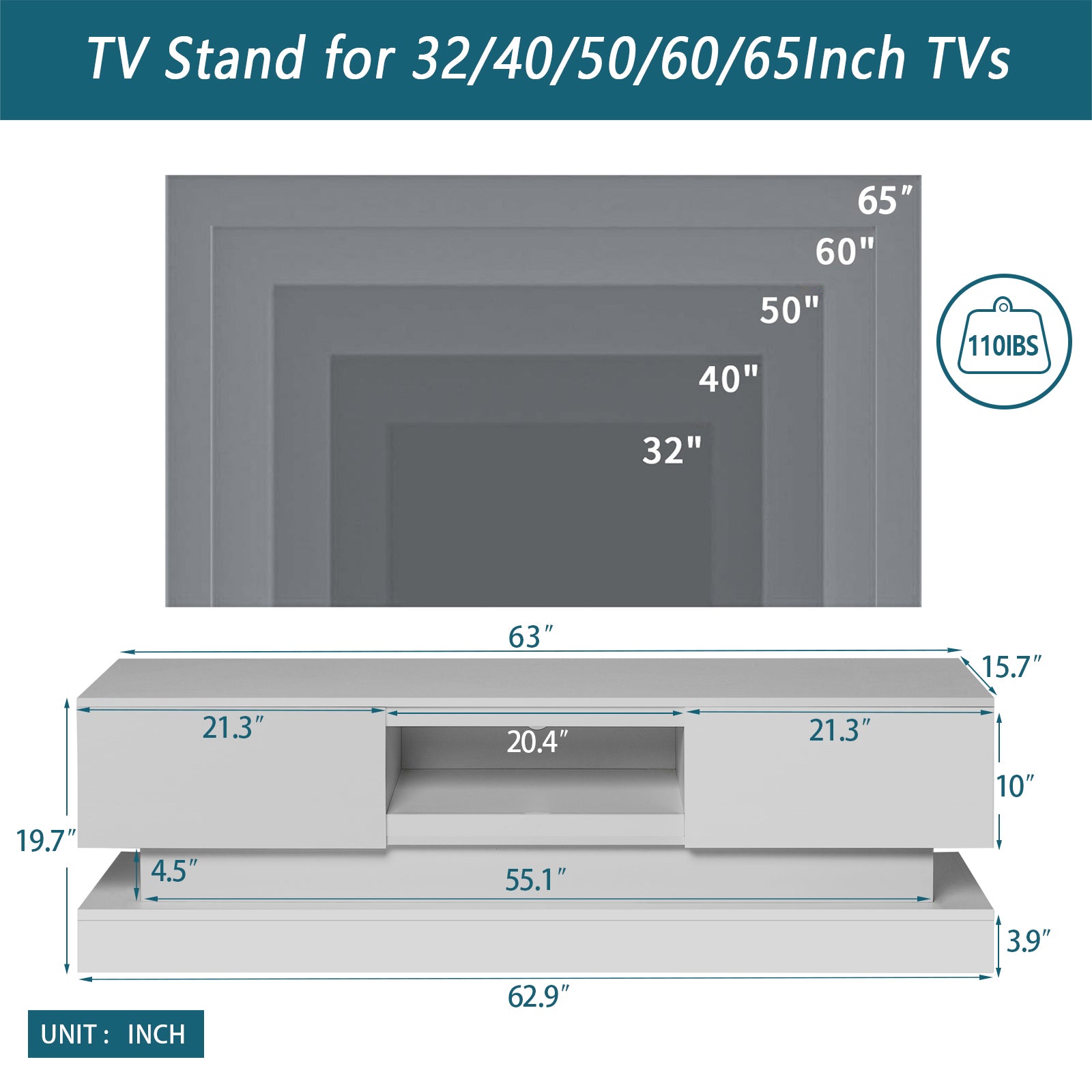 63inch WHITE morden TV Stand with LED Lights,high white-primary living space-60 inches-60-69