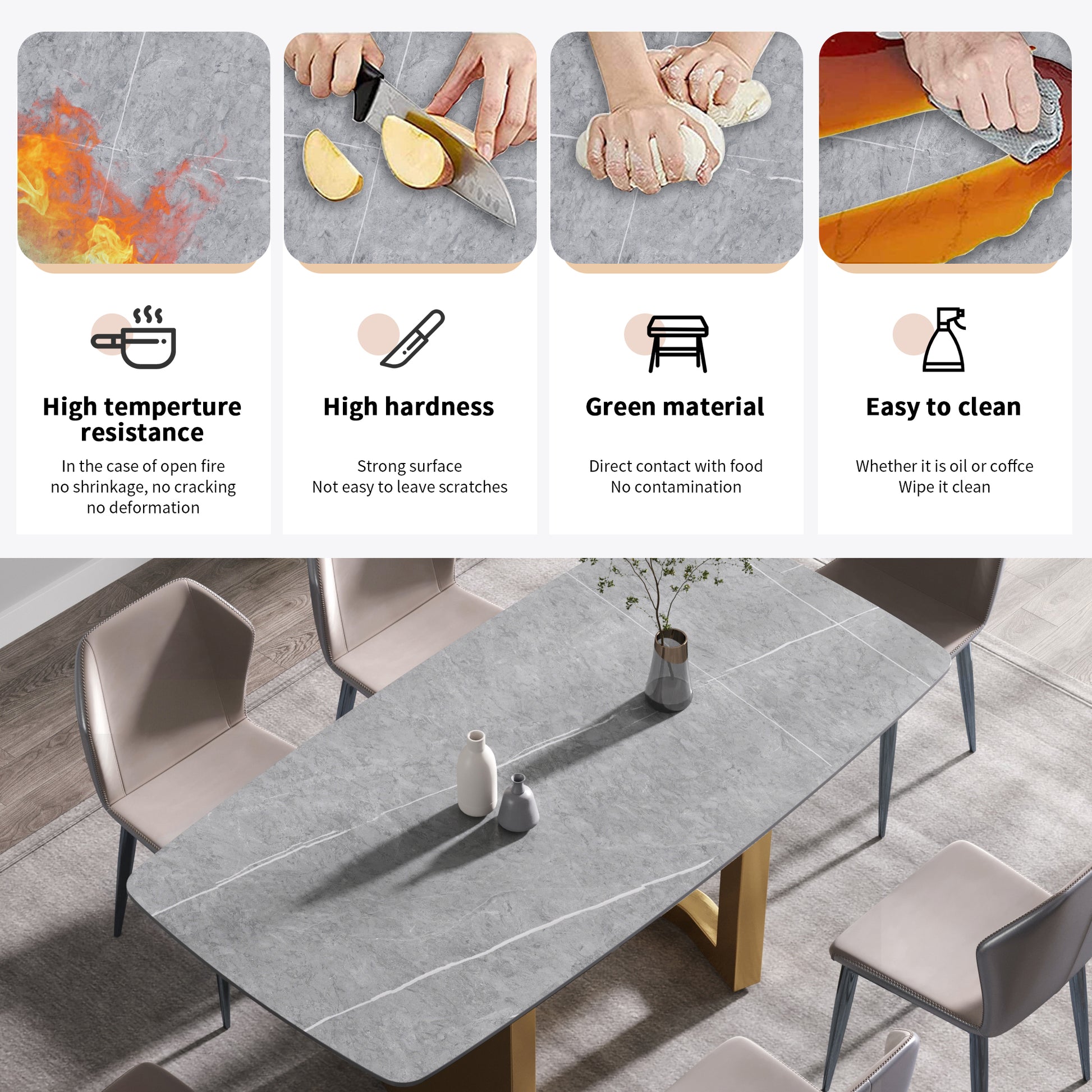 70.87"Modern Artificial Stone Gray Curved Golden Metal Leg Dining Table Can Accommodate 6 8 People Gray Metal Sintered Stone