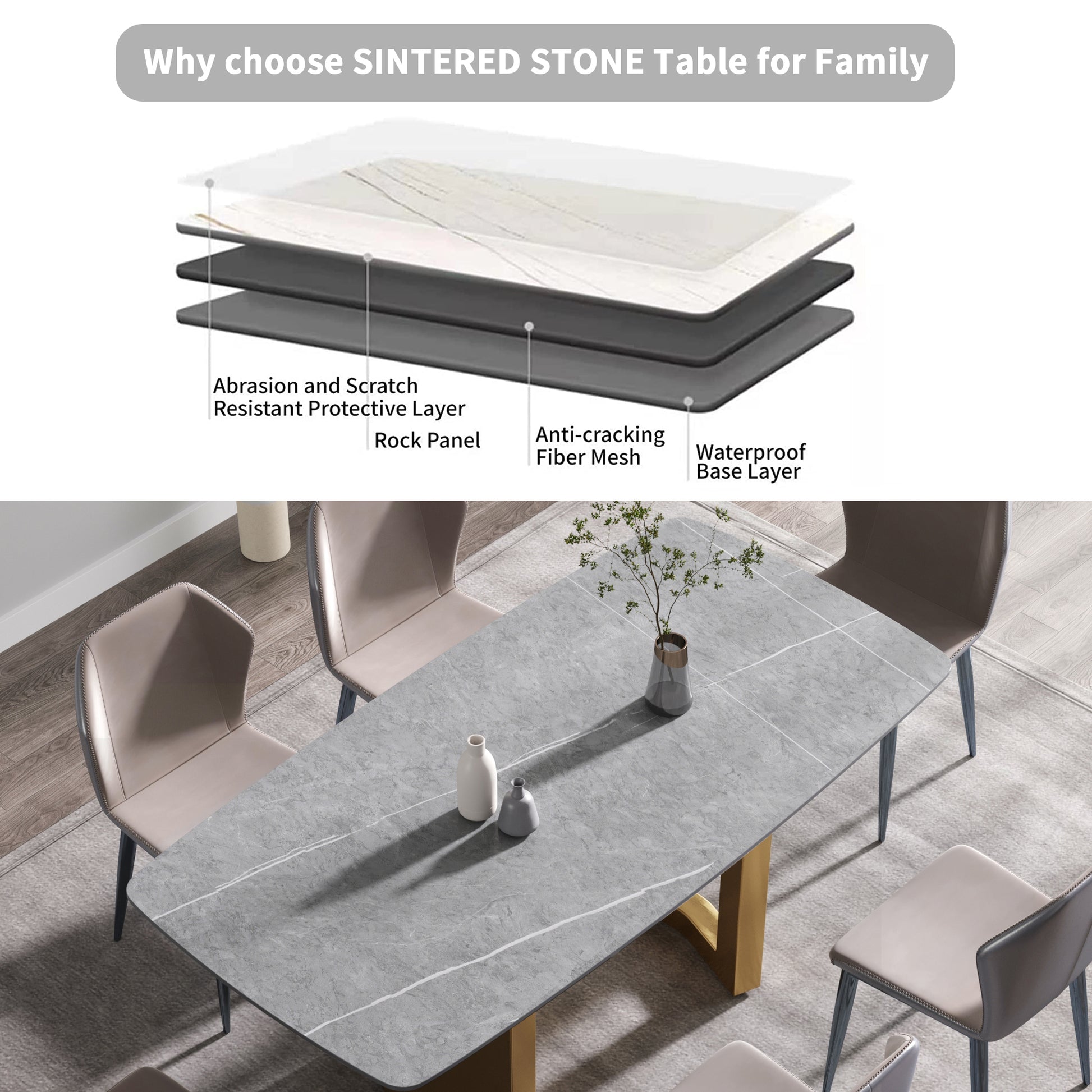 70.87"Modern Artificial Stone Gray Curved Golden Metal Leg Dining Table Can Accommodate 6 8 People Gray Metal Sintered Stone