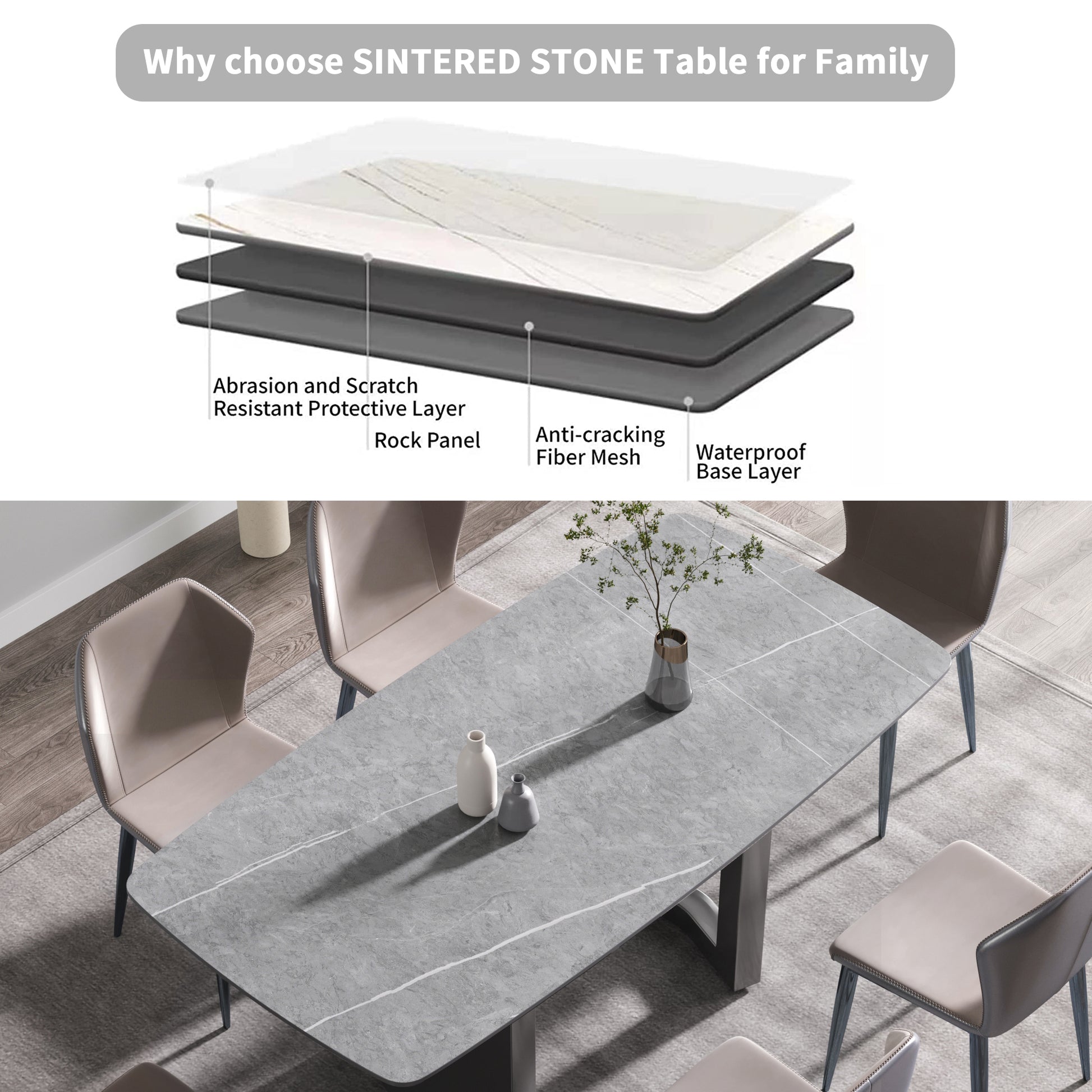 70.87"Modern Artificial Stone Gray Curved Black Metal Leg Dining Table Can Accommodate 6 8 People Gray Metal Sintered Stone