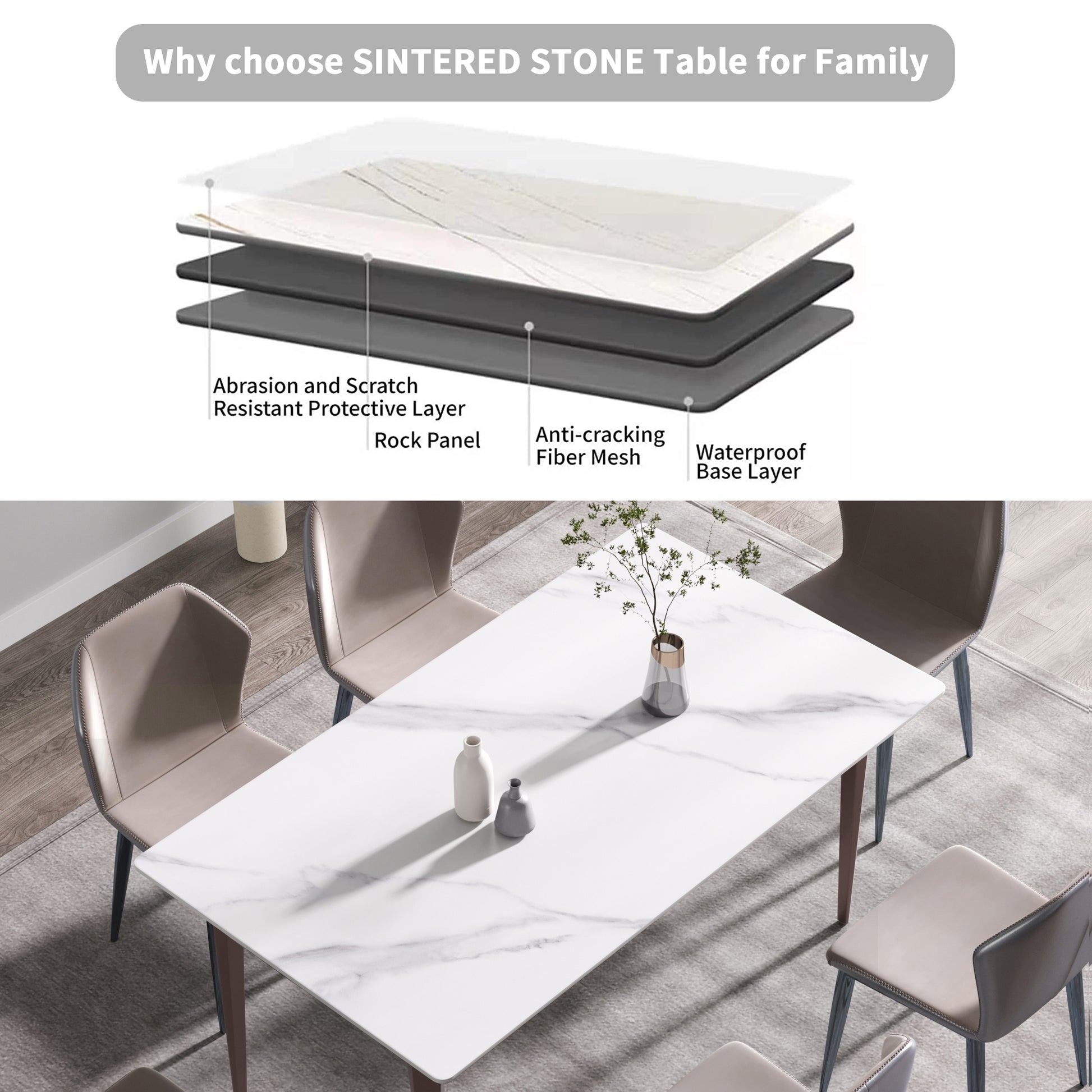 63"Modern Artificial Stone White Straight Edge Metal Leg Dining Table 6 People White Metal Sintered Stone