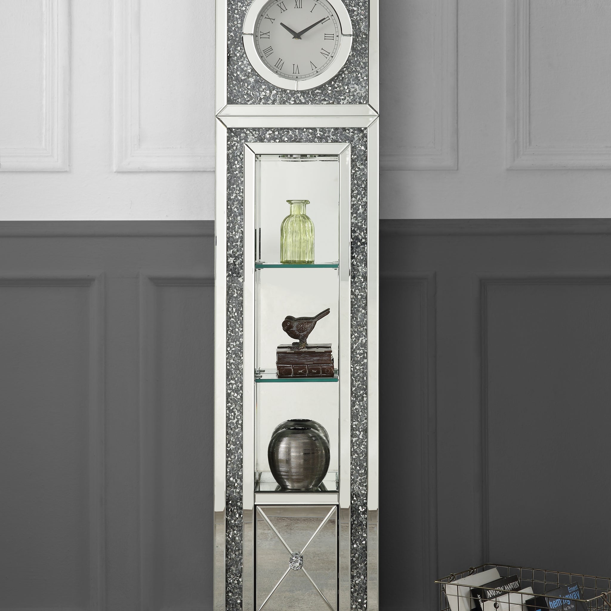 Noralie Grandfather Clock W Led Mirrored & Faux Diamonds Ac00354 Silver Glass