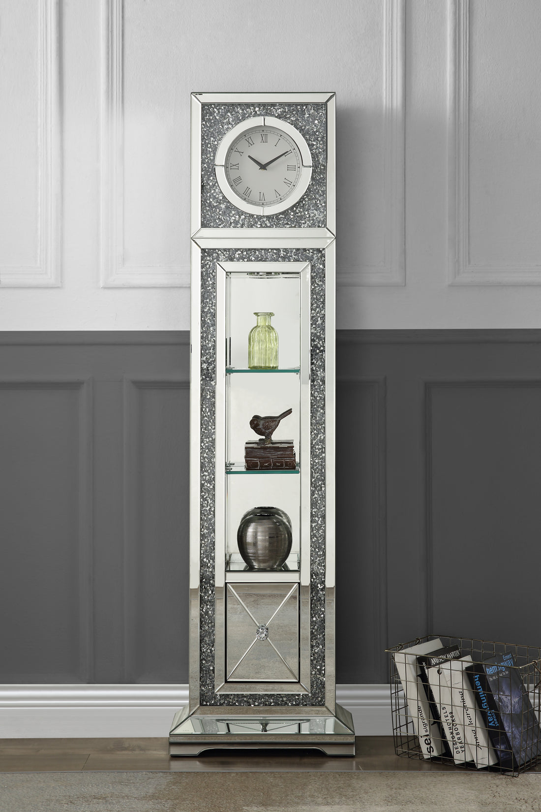 Noralie Grandfather Clock W Led Mirrored & Faux Diamonds Ac00354 Silver Glass