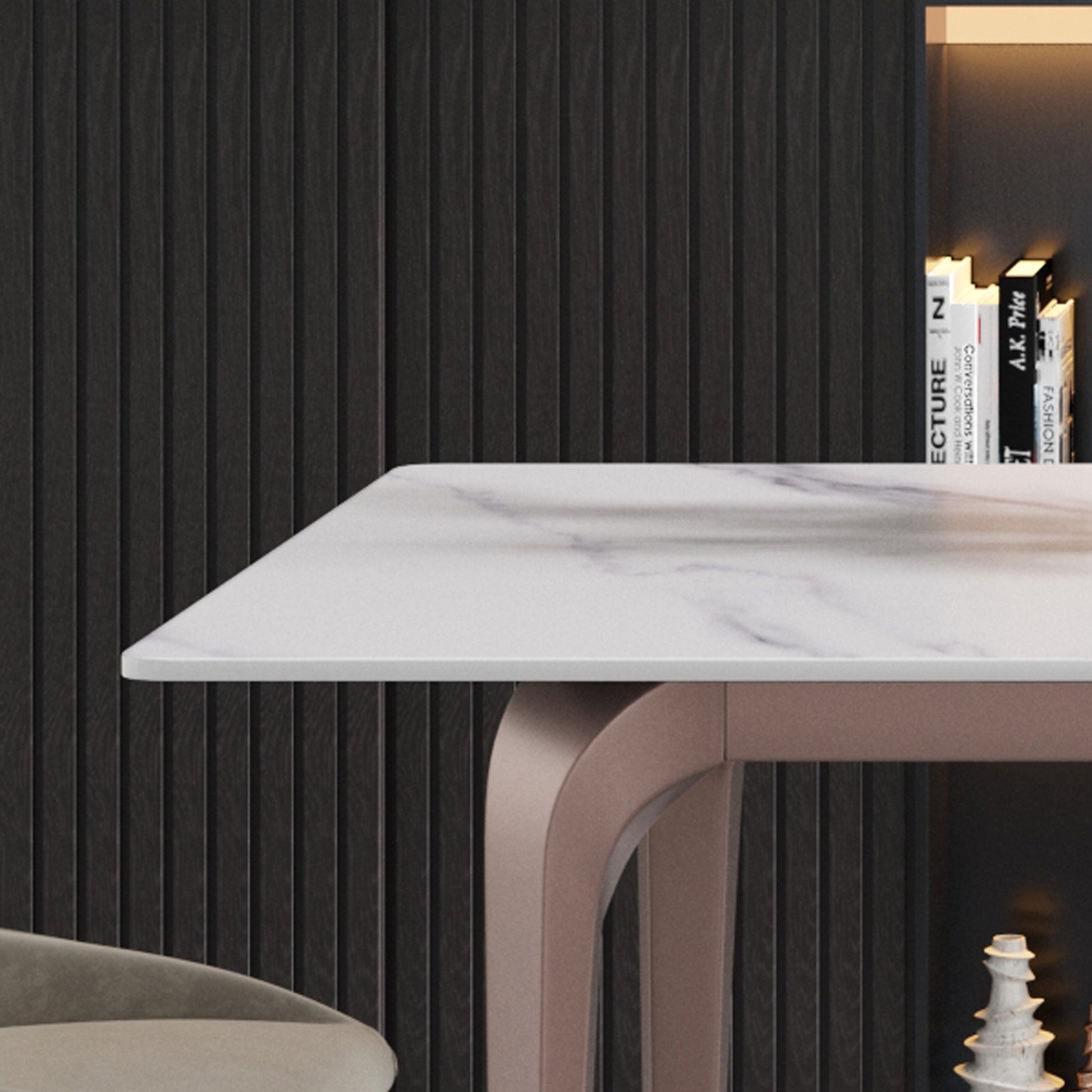 63"Modern Artificial Stone White Straight Edge Metal Leg Dining Table 6 People White Metal Sintered Stone